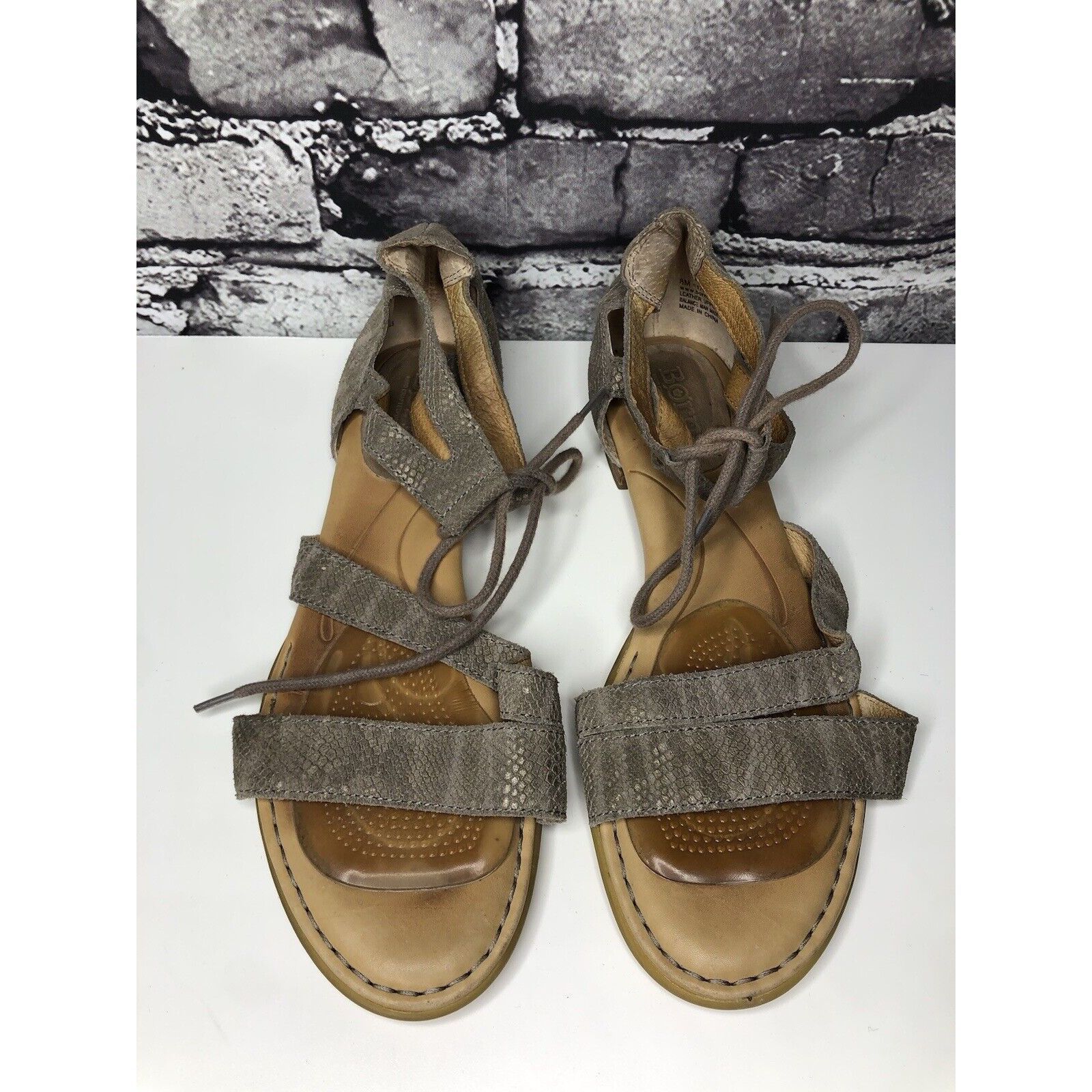 Born Born Gray Leather Ankle Snake Print Leather Lace Flats Sanda Size US 8.5 / IT 38.5 - 12 Thumbnail