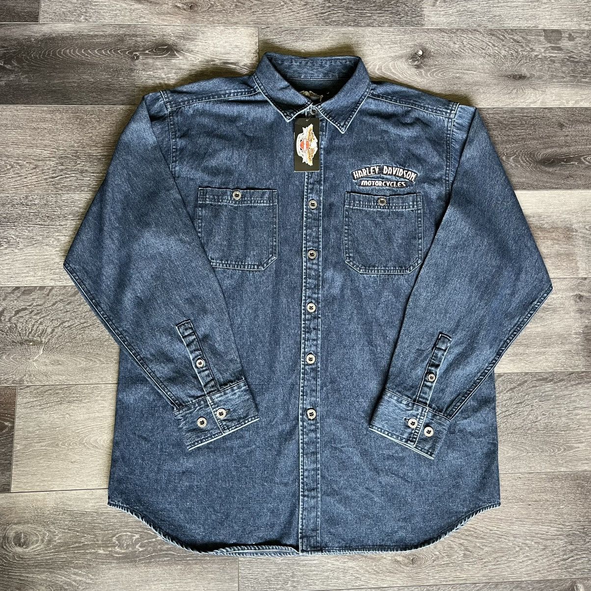 Harley Davidson × Vintage New Vintage Y2K Harley Davidson Flame Skull Denim Button Up Size US L / EU 52-54 / 3 - 2 Thumbnail