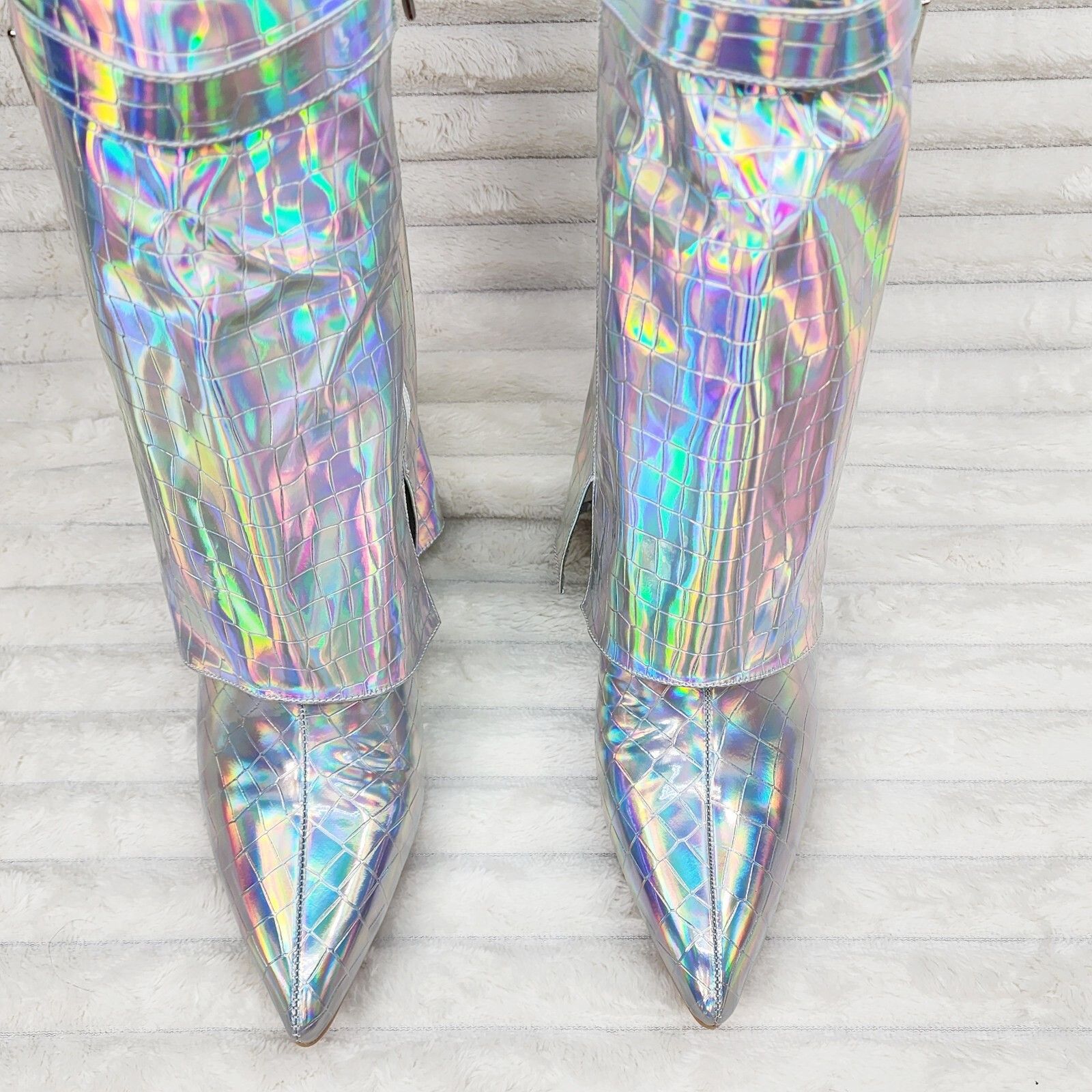 Other Vision Royal Silver Hologram Wedge Heel Fold Over Skirted An Size US 8.5 / IT 38.5 - 4 Thumbnail