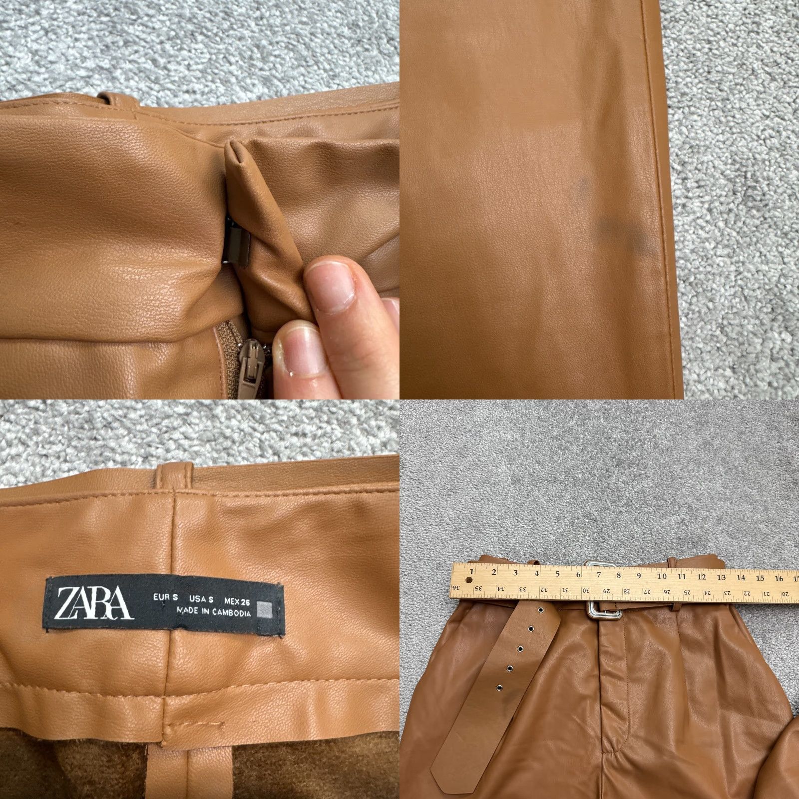 Zara Zara Faux Leather Belted High Rise Paperbag Trousers Womens Small Brown W26 Pants Size 28" / US 6 / IT 42 - 8 Thumbnail