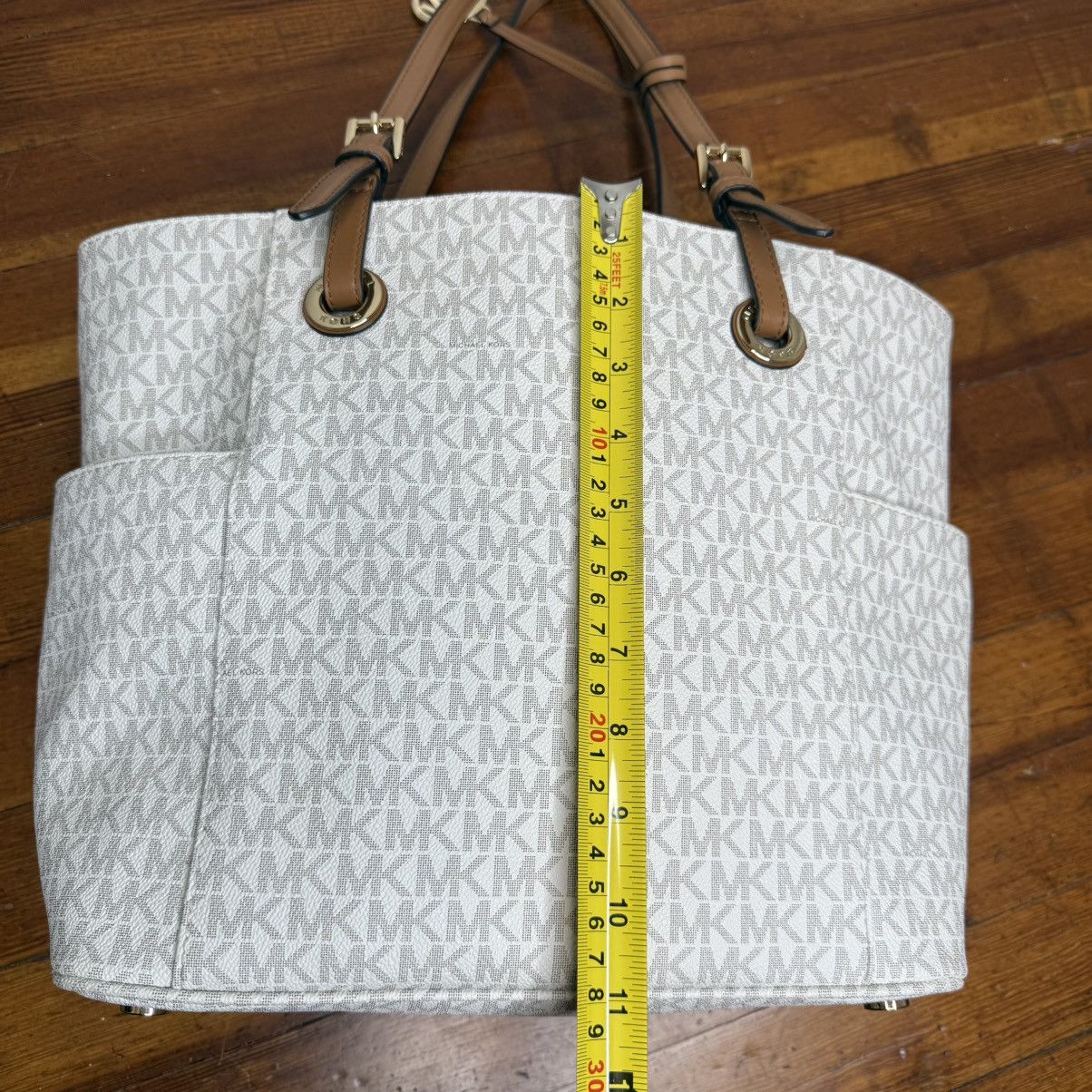 Michael Kors Michael Kors Cream MK Logo Tote with Tan Straps Size ONE SIZE - 6 Thumbnail