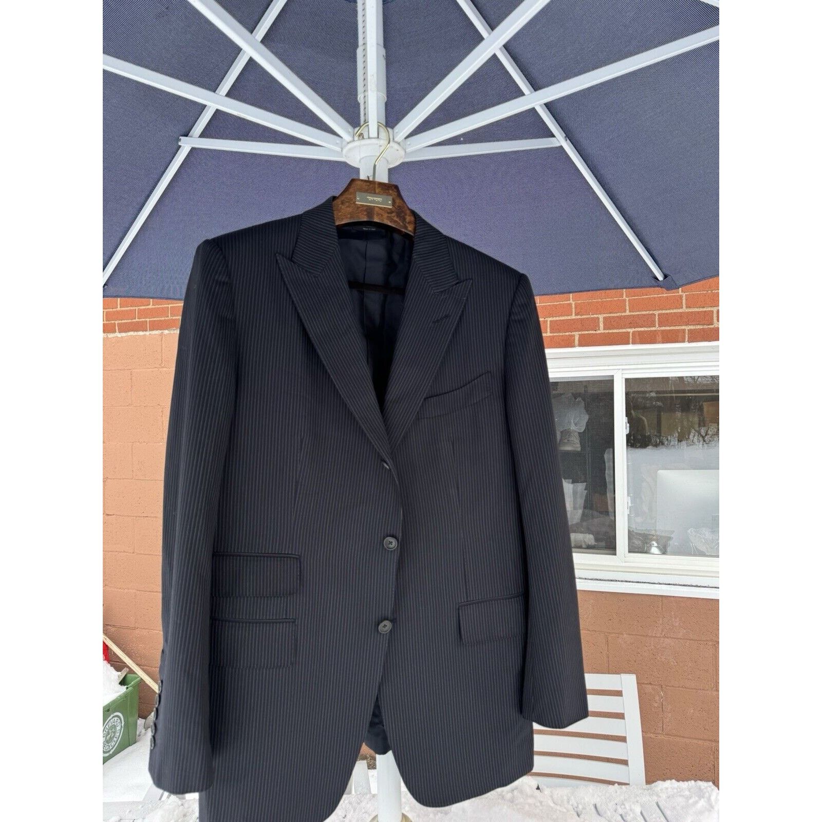 Tom Ford Striped Navy Suit Jacket 56/46 Peak Lapel Wool