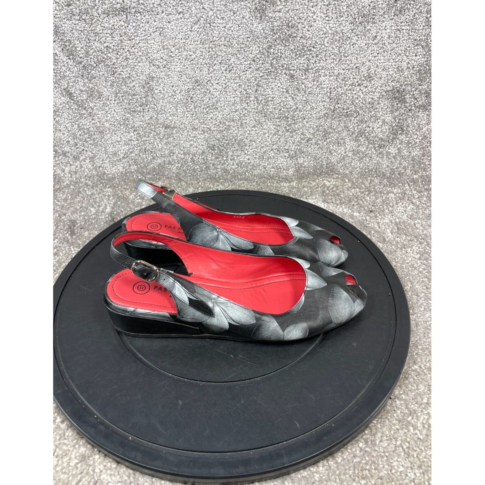 Vintage Pas De Rouge Womens Black Leather Slingback Sandals Size 10 Block Heel Shoes Ankle Strap