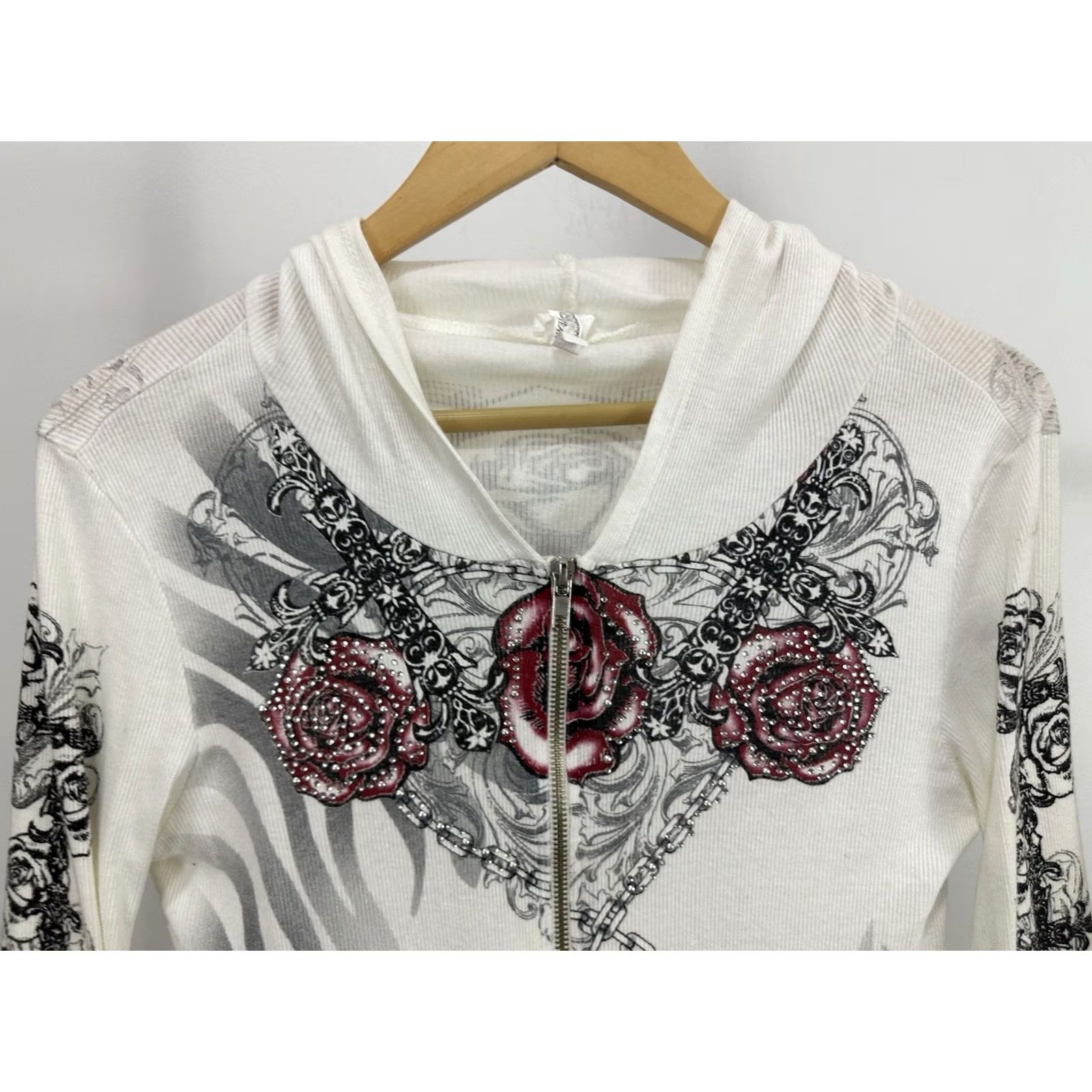 Vintage VINTAGE Y2K Rose Rosary Long Sleeve Full Zip Hoodie Women's White Size M Size M / US 6-8 / IT 42-44 - 3 Thumbnail