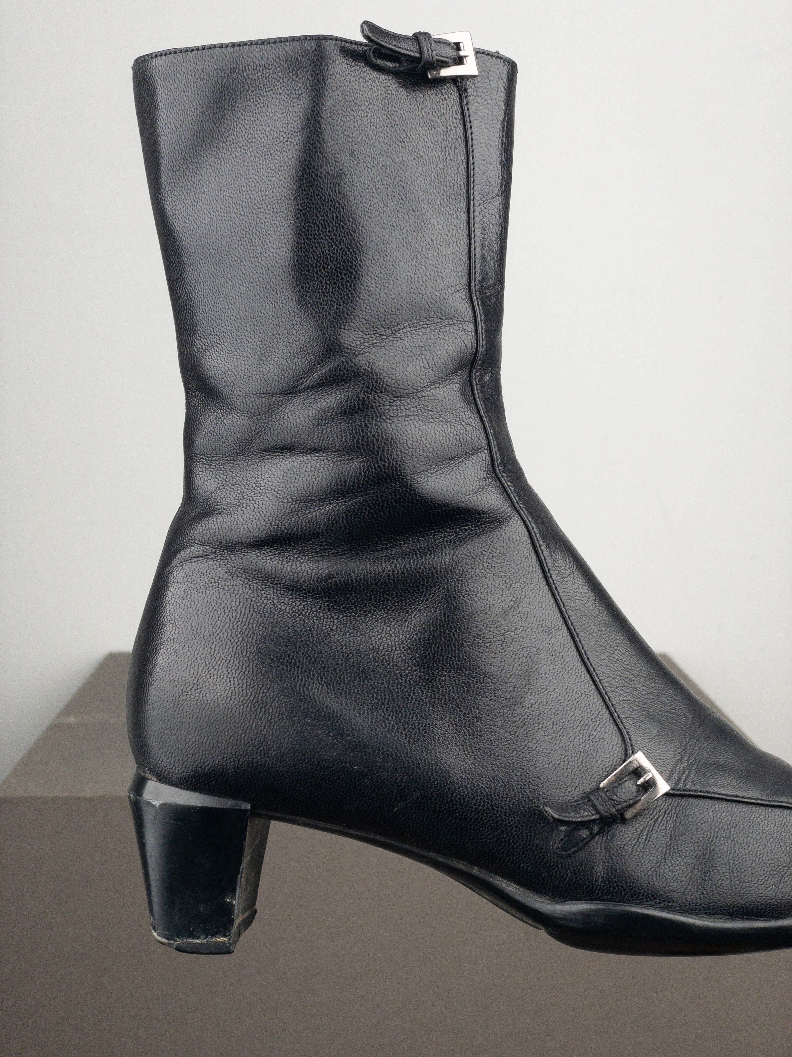 Prada 2000s Square Toe Sports Buckle Kitten Heel Ankle Boots