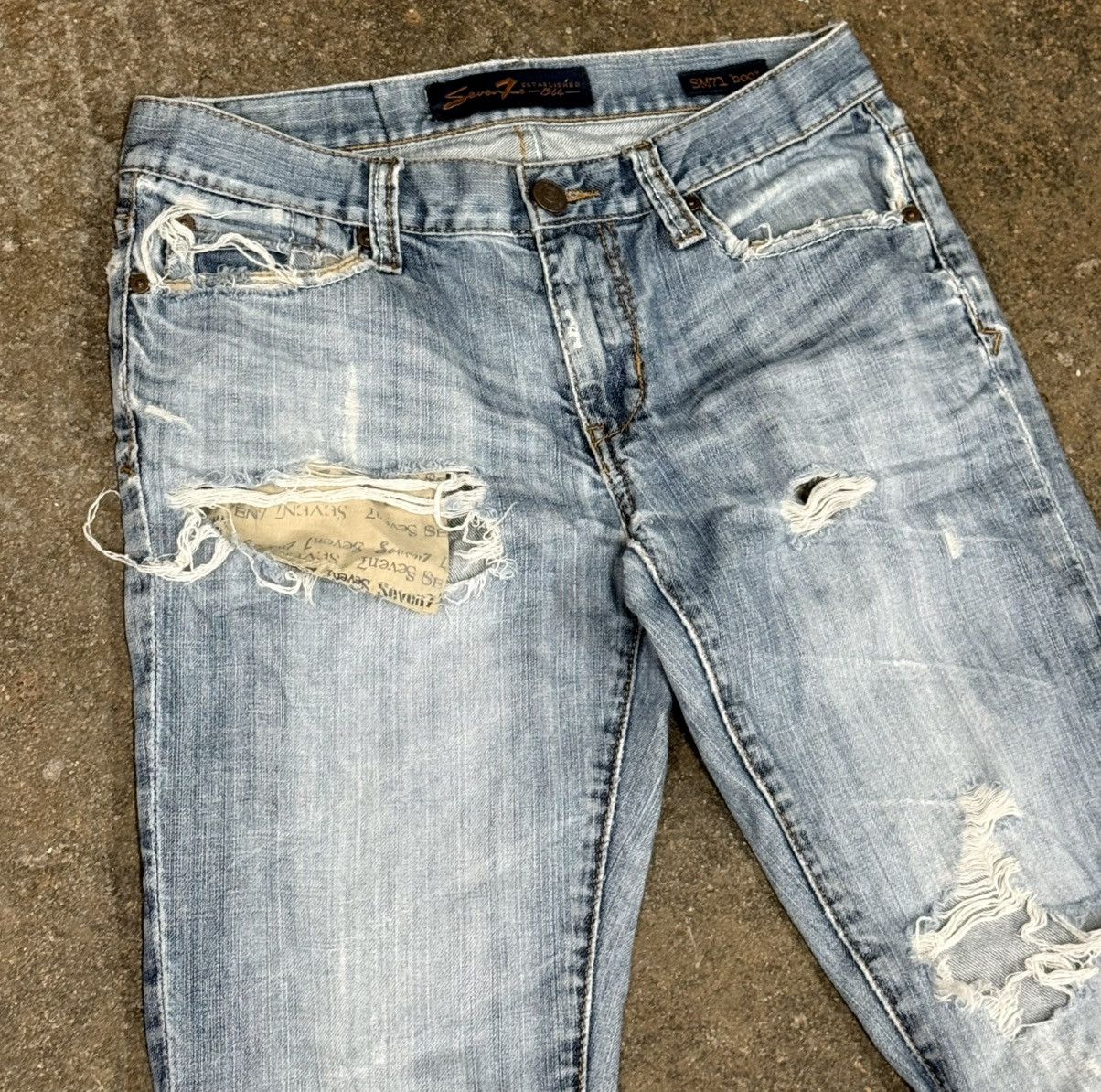 7 For All Mankind 7 For All Mankind Distressed Ripped Knee Cut Denim Boot Jean Size US 29 - 2 Thumbnail