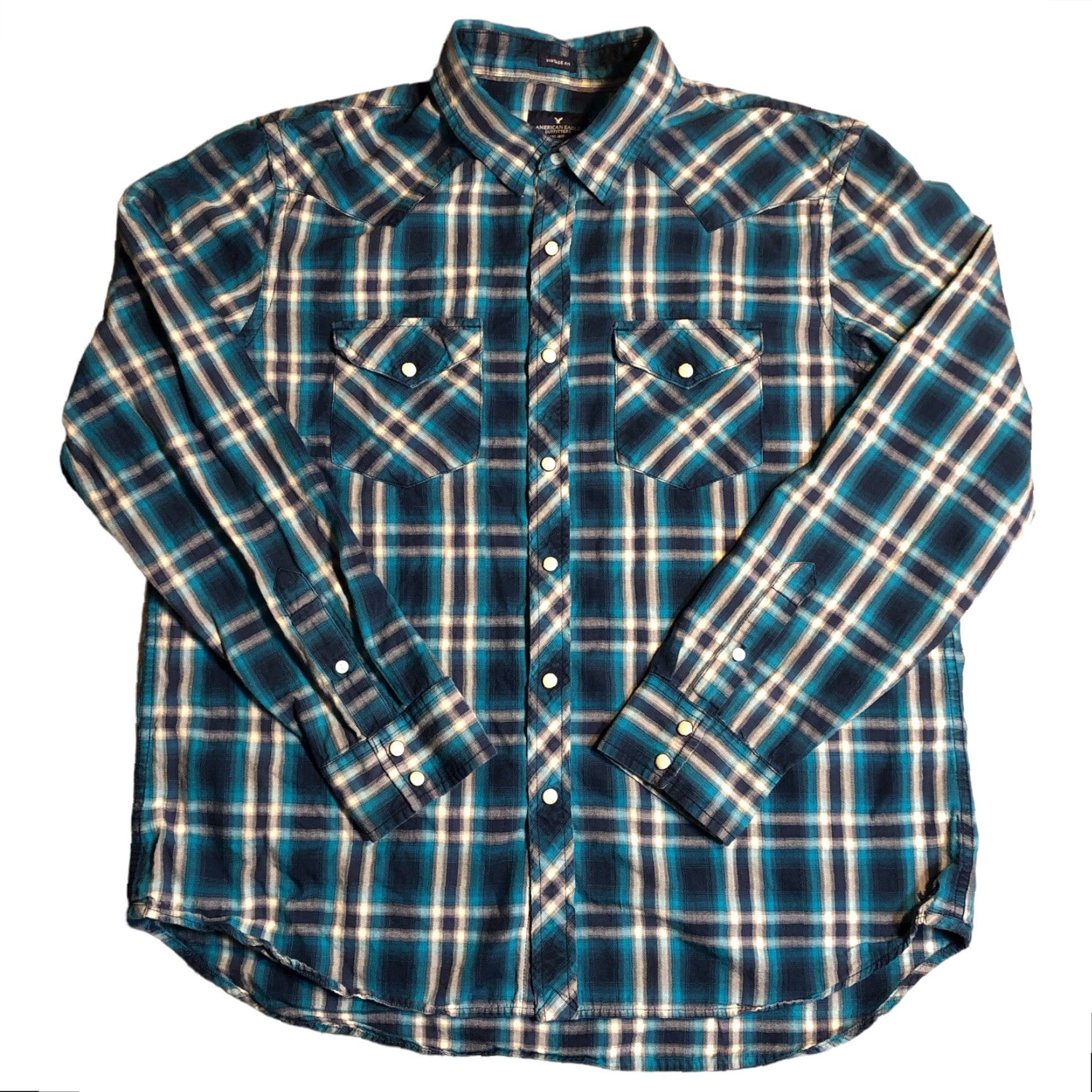 American Eagle Outfitters VINTAGE American Eagle Outfitters Western Shirt XL Long Sleeve Blue Plaid Snap Button-Up Cotton Classic Mens Size US XL / EU 56 / 4 - 2 Thumbnail