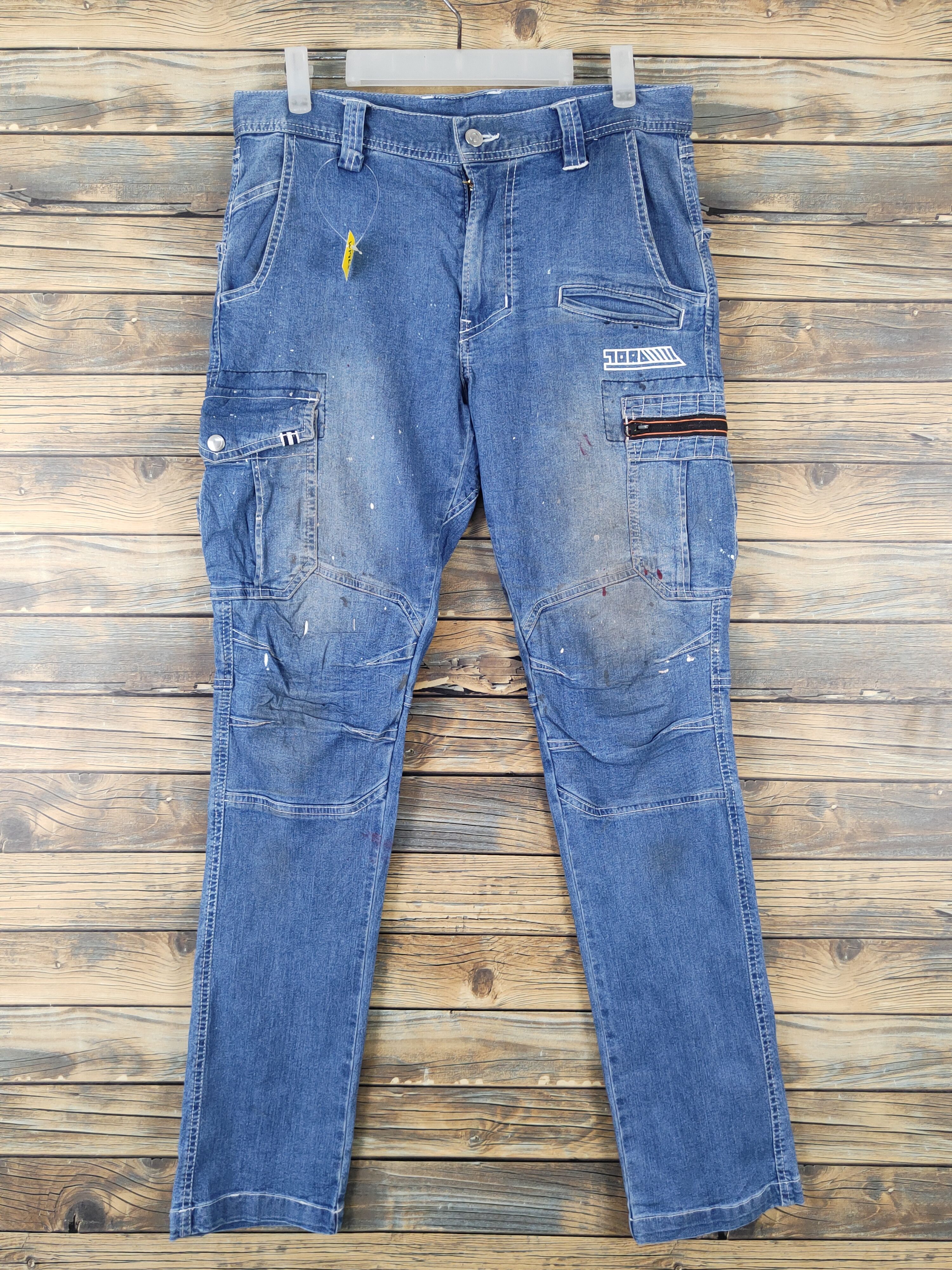 Japanese Brand Tora Blue Distressed Ripped multipocket denim Jeans #W1963 Size US 32 / EU 48 - 1 Thumbnail