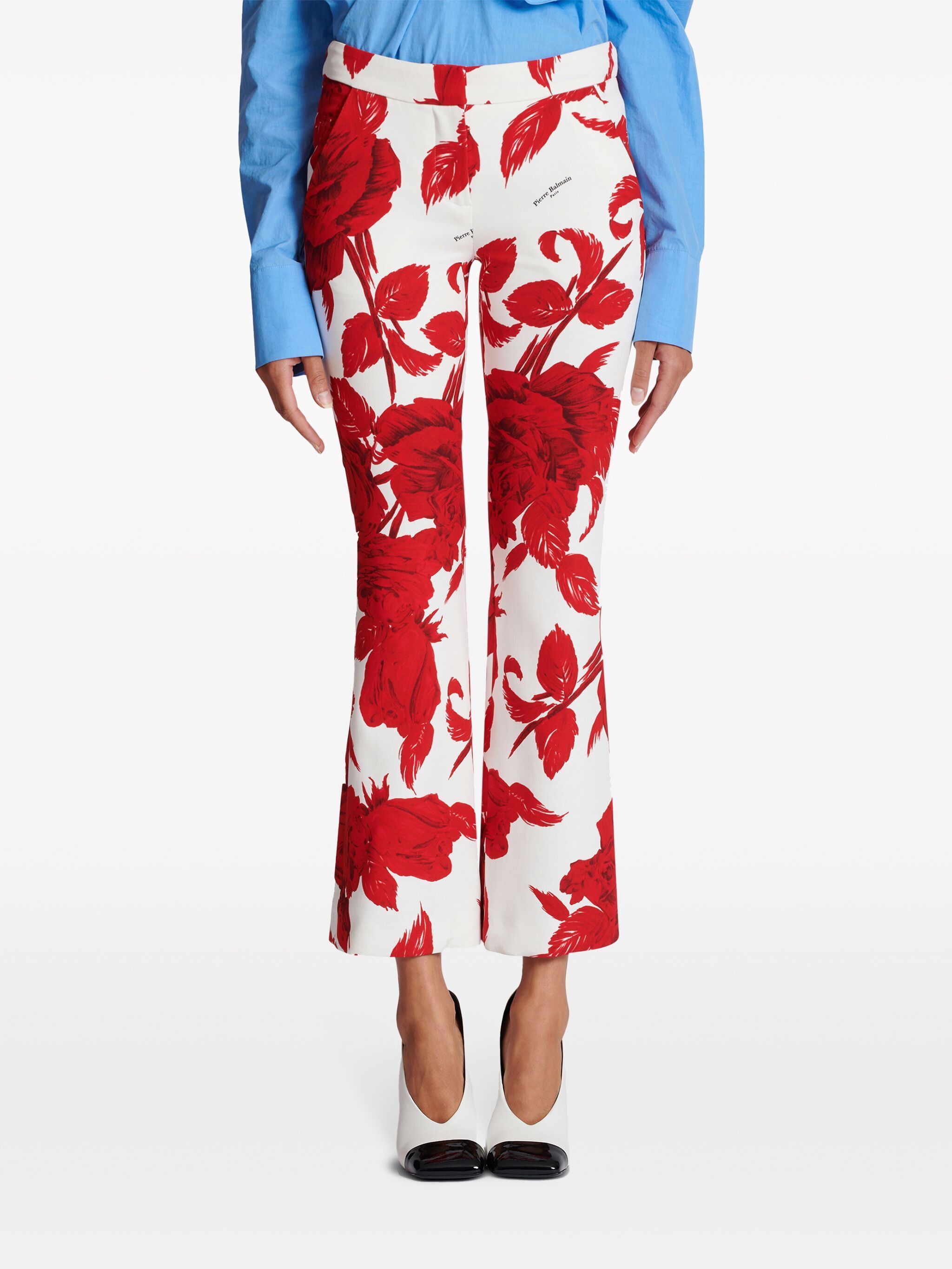 Balmain o1s1wg110125 Rose-Print Flared Trouser in White Red Size 30" / US 8 / IT 44 - 4 Thumbnail