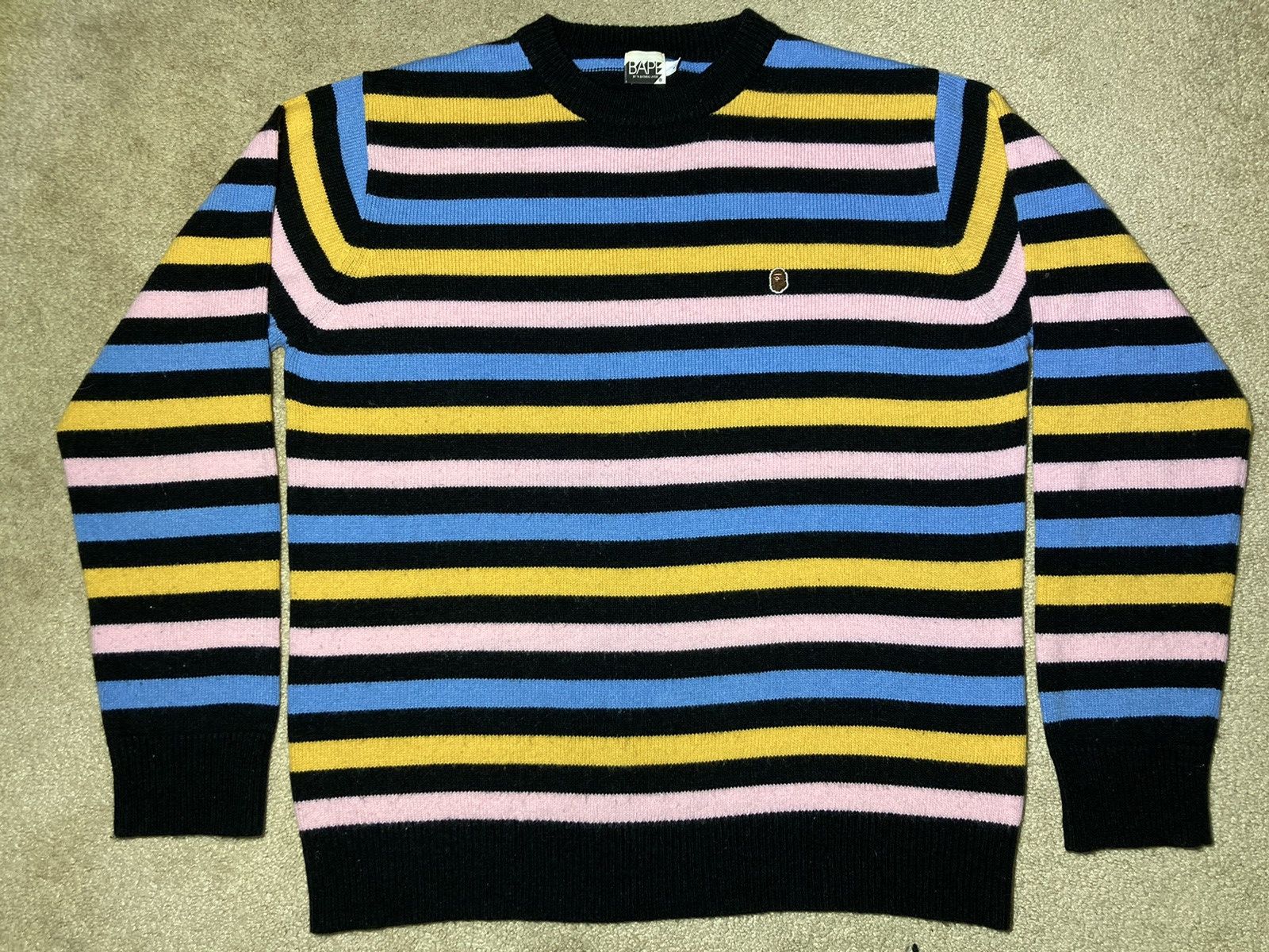image of 2008 Bape Multi Color Striped Sweater Pastel Nigo Fruit Wool in Black Stripe, Men's (Size Large)