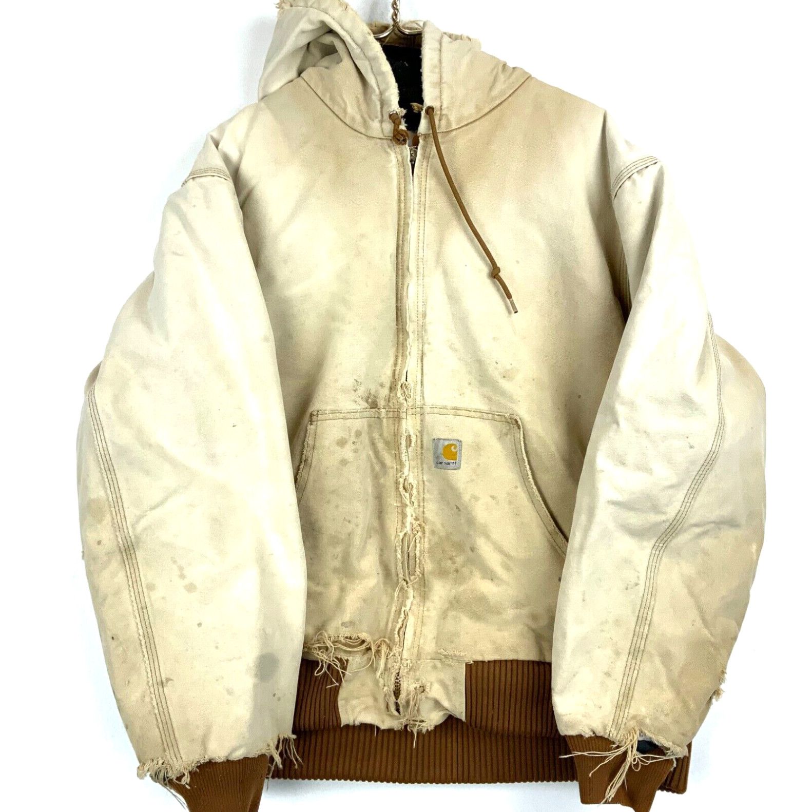 image of Vintage Carhartt Canvas Quilt Lined Bomber Work Jacket Size XL Beige Distressed in White, Men's