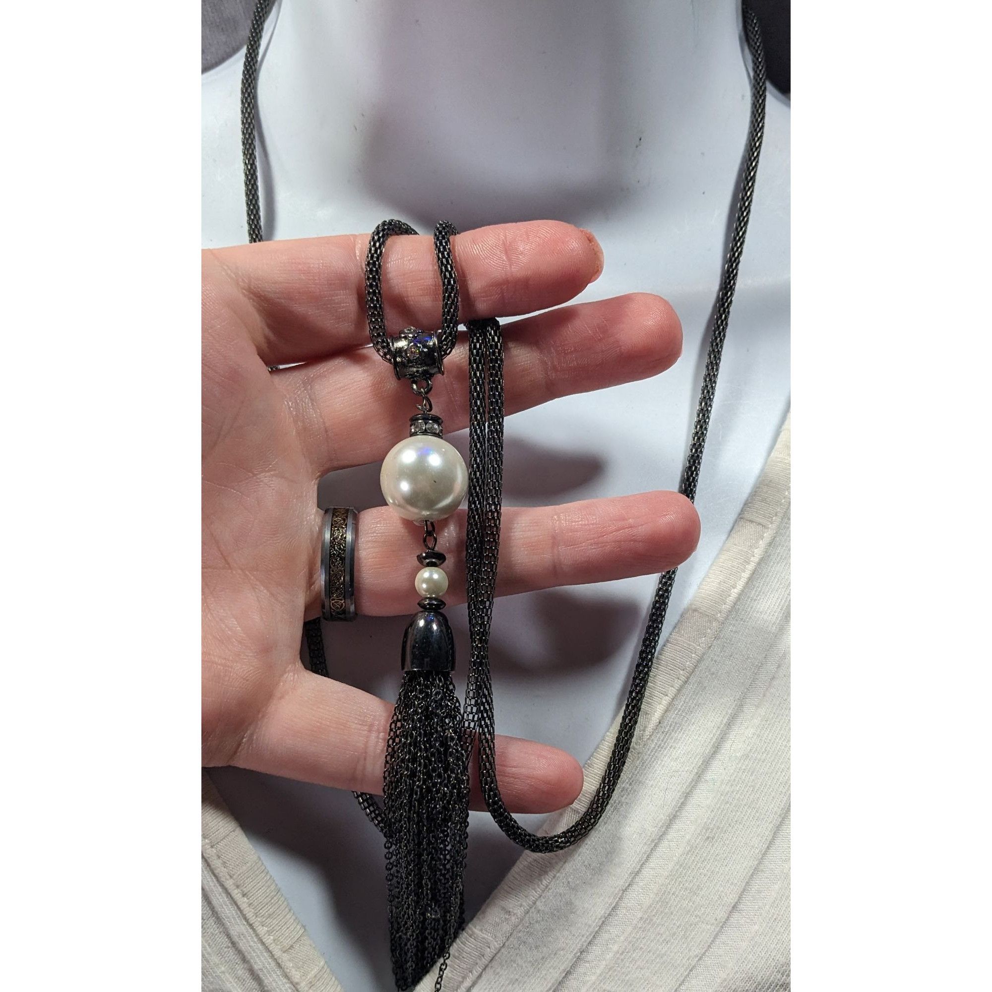 Other Glam Goth Gunmetal Mesh And Pearl Tassel Necklace Size ONE SIZE - 2 Thumbnail