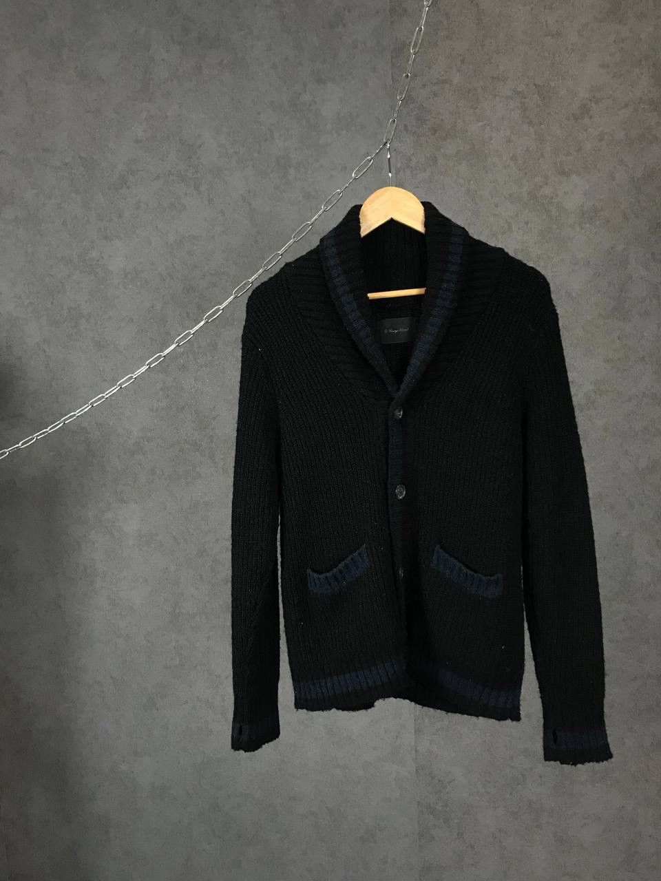 image of Lounge Lizard Japanese Designer Wool Cardigan in Black, Men's (Size Medium)