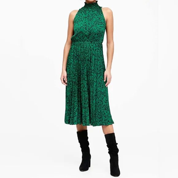 Banana Republic Leopard Satin Mock Neck Elastic Waist Pleated Dress NWT Size M / US 6-8 / IT 42-44 - 1 Thumbnail