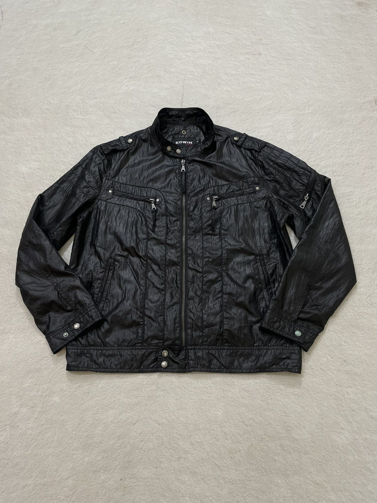Edwin 2000s Edwin Black Crinkled Nylon Biker Jacket LGB If6was9 Size US L / EU 52-54 / 3 - 1 Thumbnail