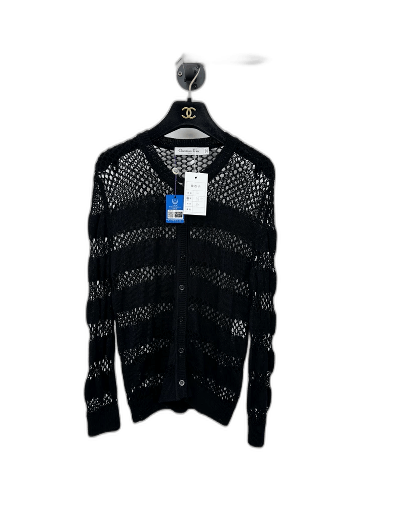 Black Knitted Cardigan with Lace Design-2505