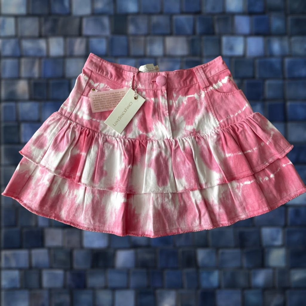 LoveShackFancy LoveShackFancy Mini Skirt Women Size 4 Pink Denim Cotton Tie Dye Ruffle Short Stitch Skirt Cottage Coquette Spring Summer 4 Womens Size 27" / US 4 / IT 40 - 1 Thumbnail