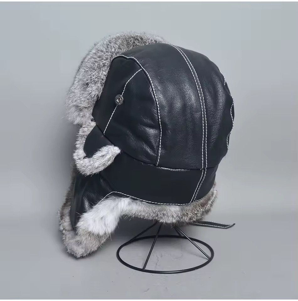 Genuine Leather Genuine Natural Rabbit Fur Leather Trapper Winter Hat Size ONE SIZE - 6 Thumbnail