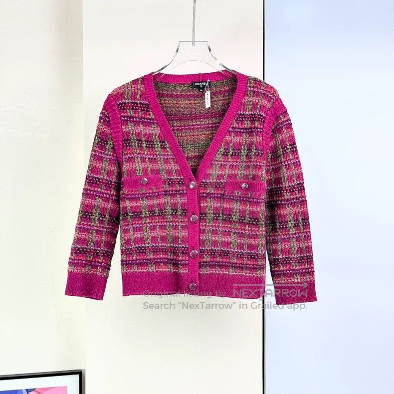 Chanel Chanel 18B purple plaid knitted cardigan coat Size XXS / US 00 / IT 34 - 1 Thumbnail