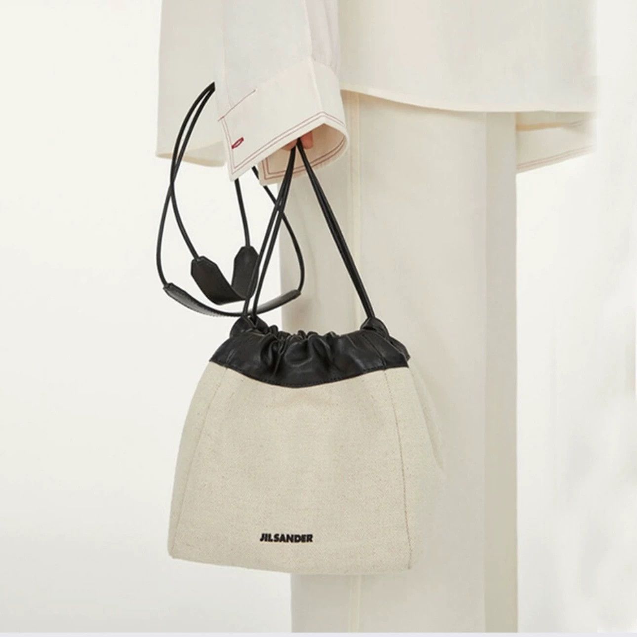 Jil Sander JIL SANDER White/Black Canvas Lambskin Drawstring Bag Size ONE SIZE - 8 Thumbnail