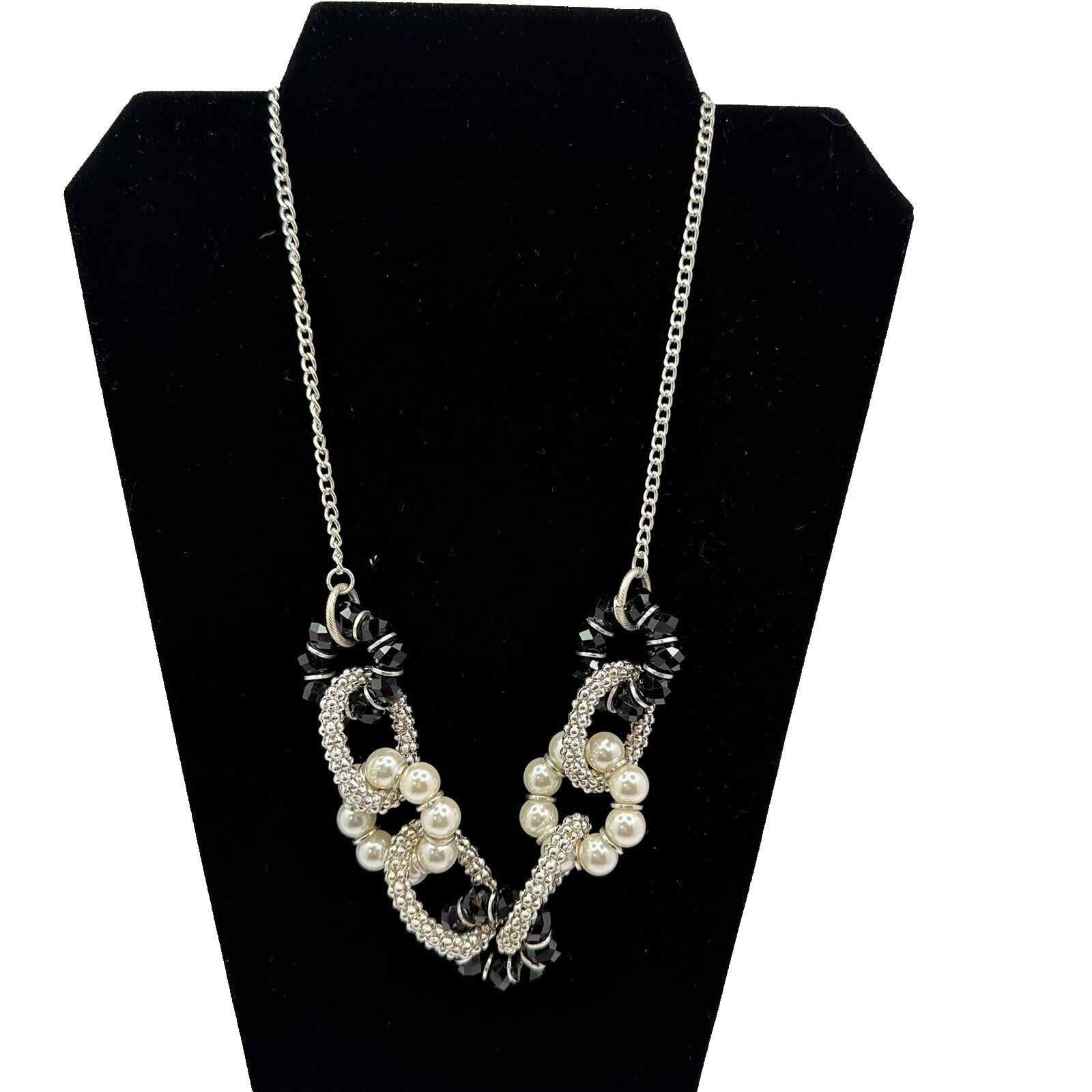 Other Ny & Co Silver Mesh Blk Crystals Faux Pearls Beads Necklace Size ONE SIZE - 6 Thumbnail