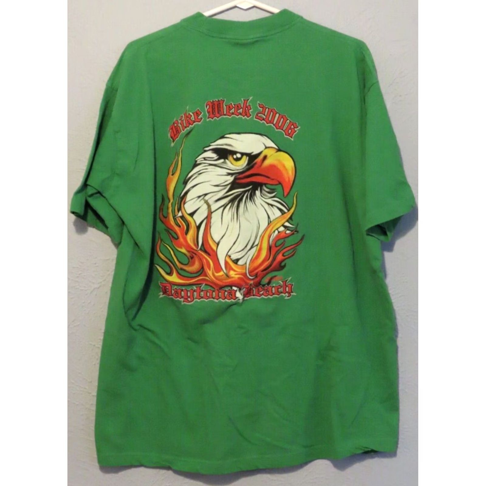 Nique VINTAGE Unique T-Shirt Beach Motorcycle 3XL Green Crew Neck Short Sleeve Men Fiber Cotton Knit USA Daytona Beach 2006 Eagle with Flames Size US XXL / EU 58 / 5 - 5 Thumbnail