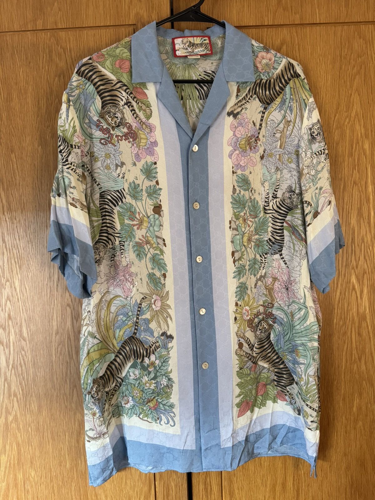 image of Gucci Tiger Silk Shirt [Limited Edition] in Blue, Men's (Size Small)