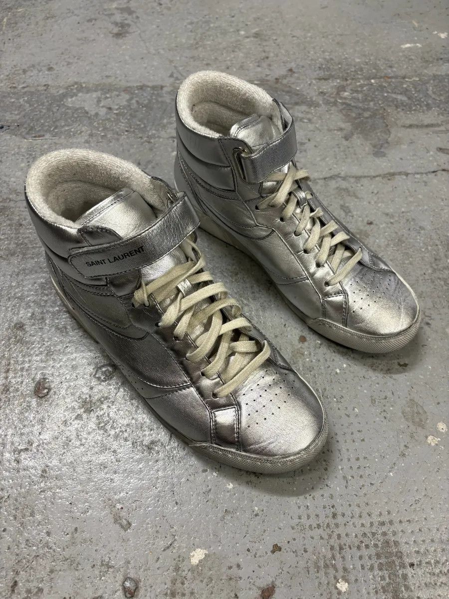 Designer × Saint Laurent Paris × Vintage 2010s Saint Laurent Lenny Silver Grey High Sneakers Size US 7.5 / EU 40-41 - 3 Thumbnail