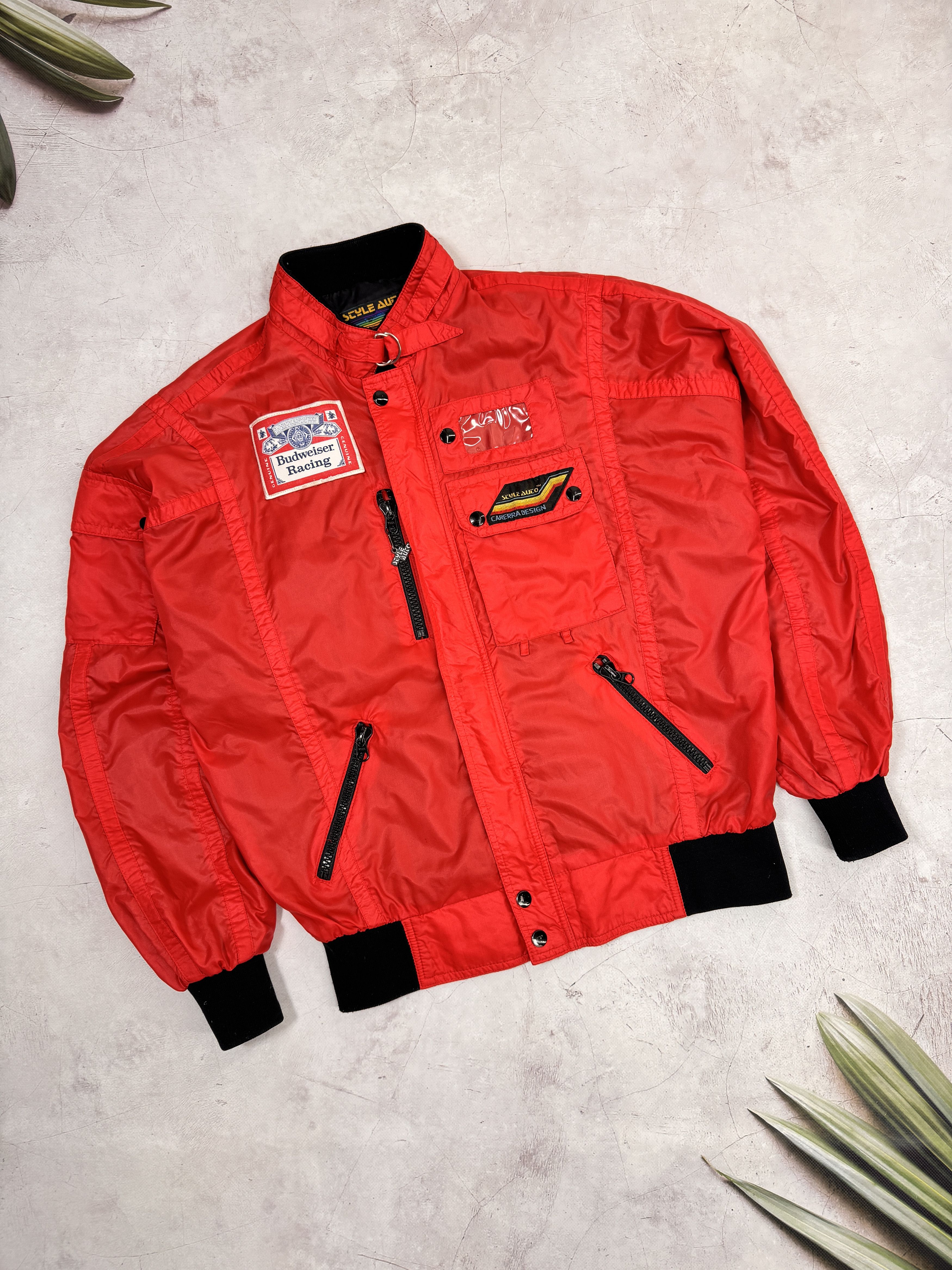 image of Nascar x Racing 80's Style Auto Carrera Design Budweiser Racing Jacket in Red, Men's (Size Large)