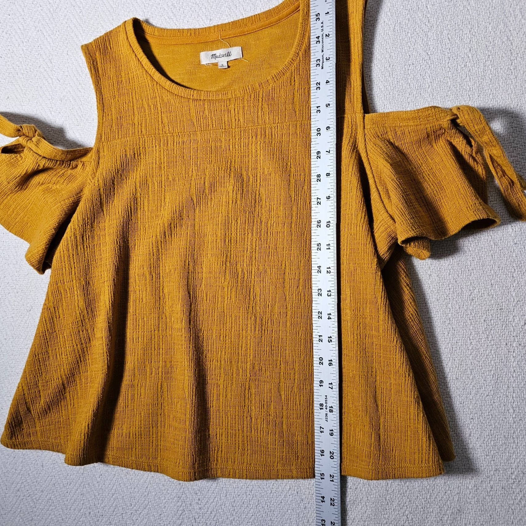 Madewell Madewell Cropped Blouse Women's L Off Shoulder Round Neck Yellow Mustard Textured Blouse Cropped Size L / US 10 / IT 46 - 7 Thumbnail