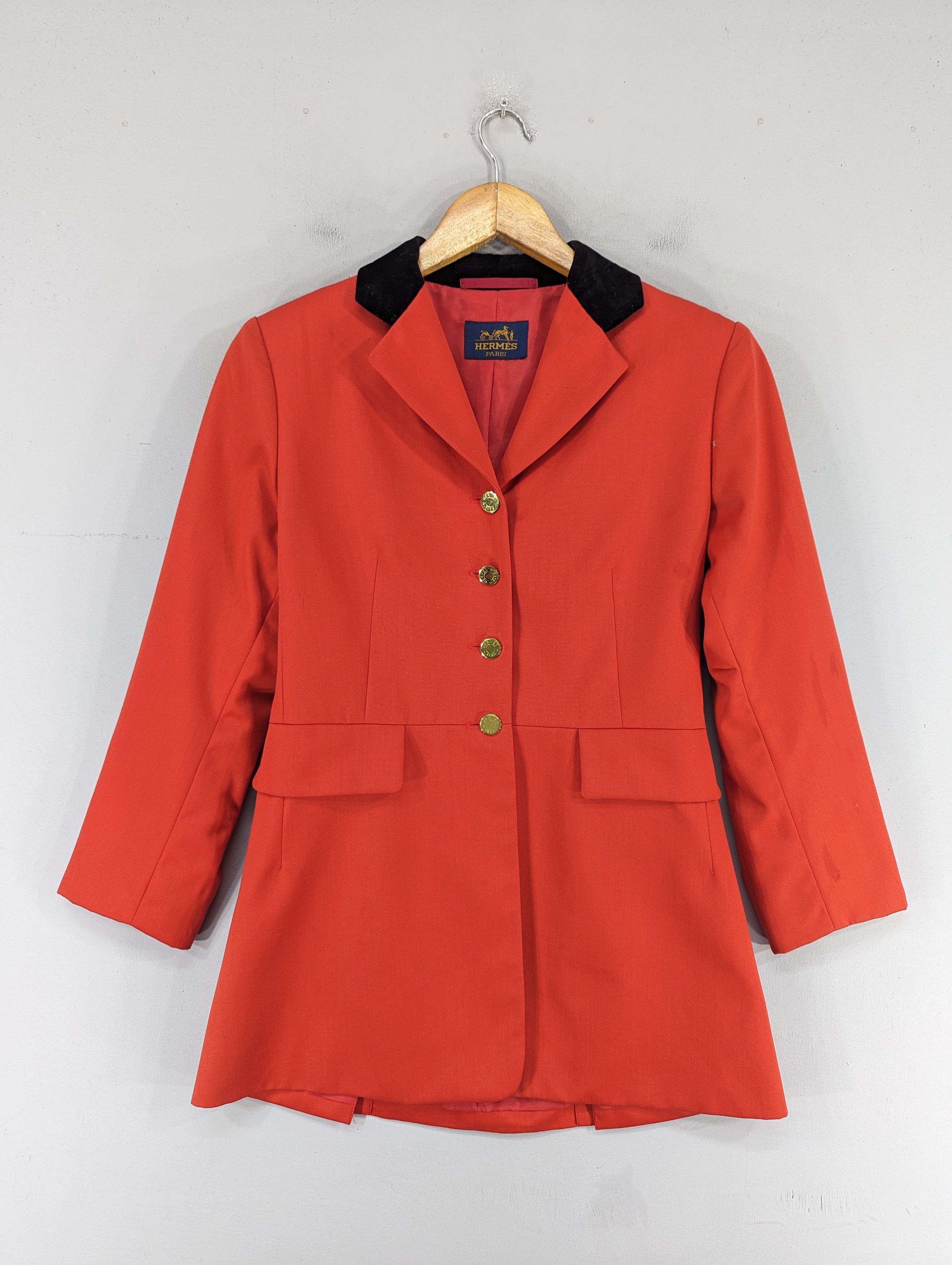 Hermes Red Equestrian Jacket Velvet Collar Gold Buttons 38