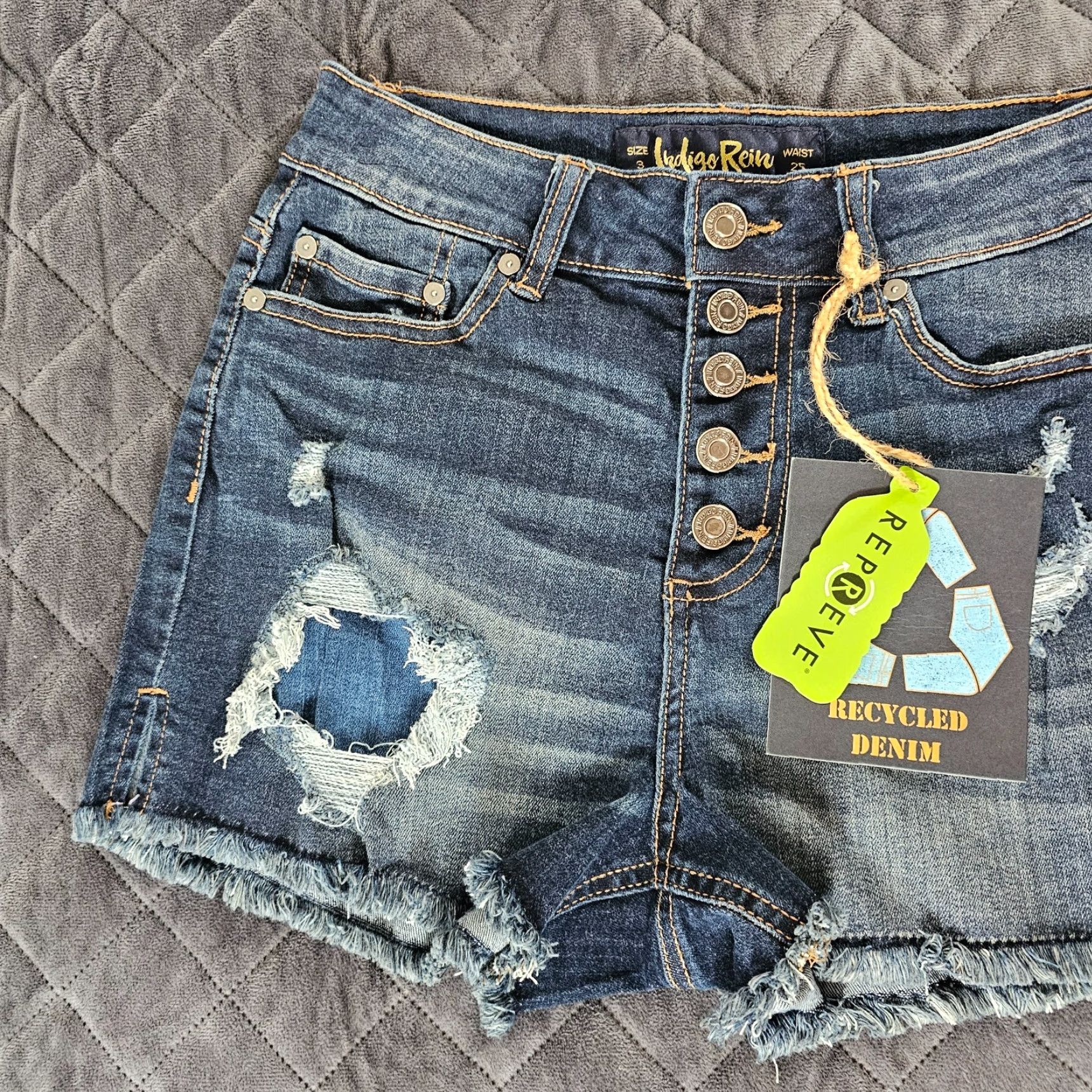 Denime INDIGO REIN Denim Shorts - Super High-Rise, 3, Juniors, Blue, 5-Pocket, Distressed, Button/Zipper, Cotton/Spandex, Casual Wear, Women, Size 3 Size 26" / US 2 / IT 38 - 4 Thumbnail
