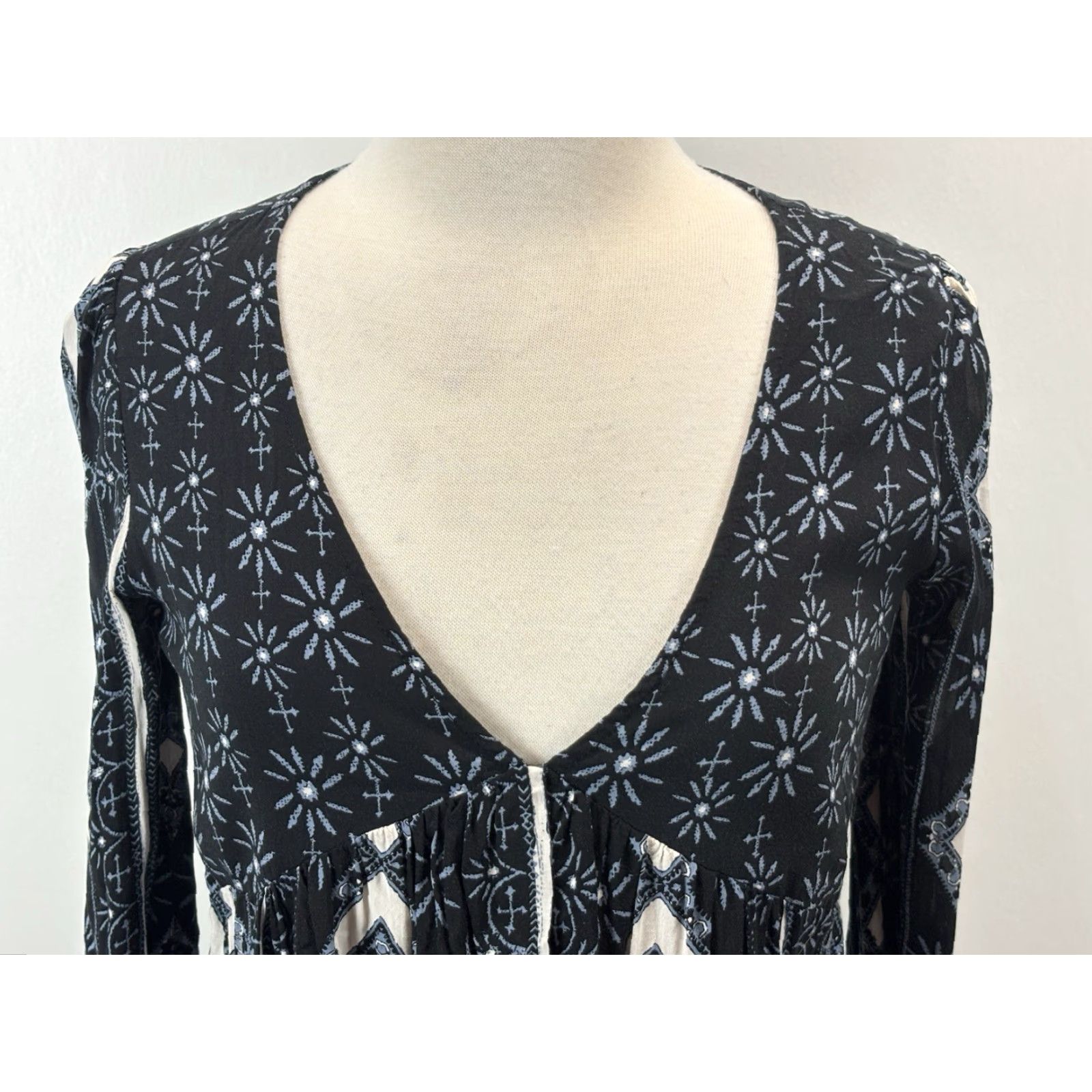 Free People VINTAGE Free People Tunic Top XS Women Boho Geometric Ruffle Balloon Sleeve V-Neck Mini Dress Blue Size XS / US 0-2 / IT 36-38 - 5 Thumbnail