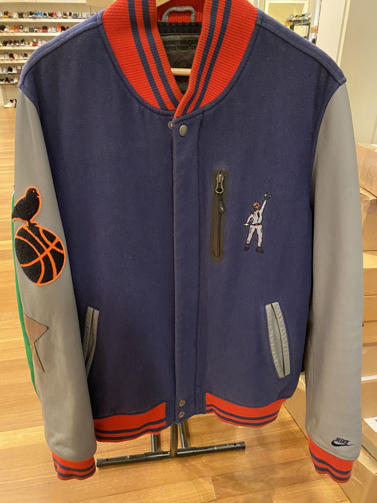 image of Nike x Vintage American Food Wool & Leather Varsity Jacket in Navy, Men's (Size Large)