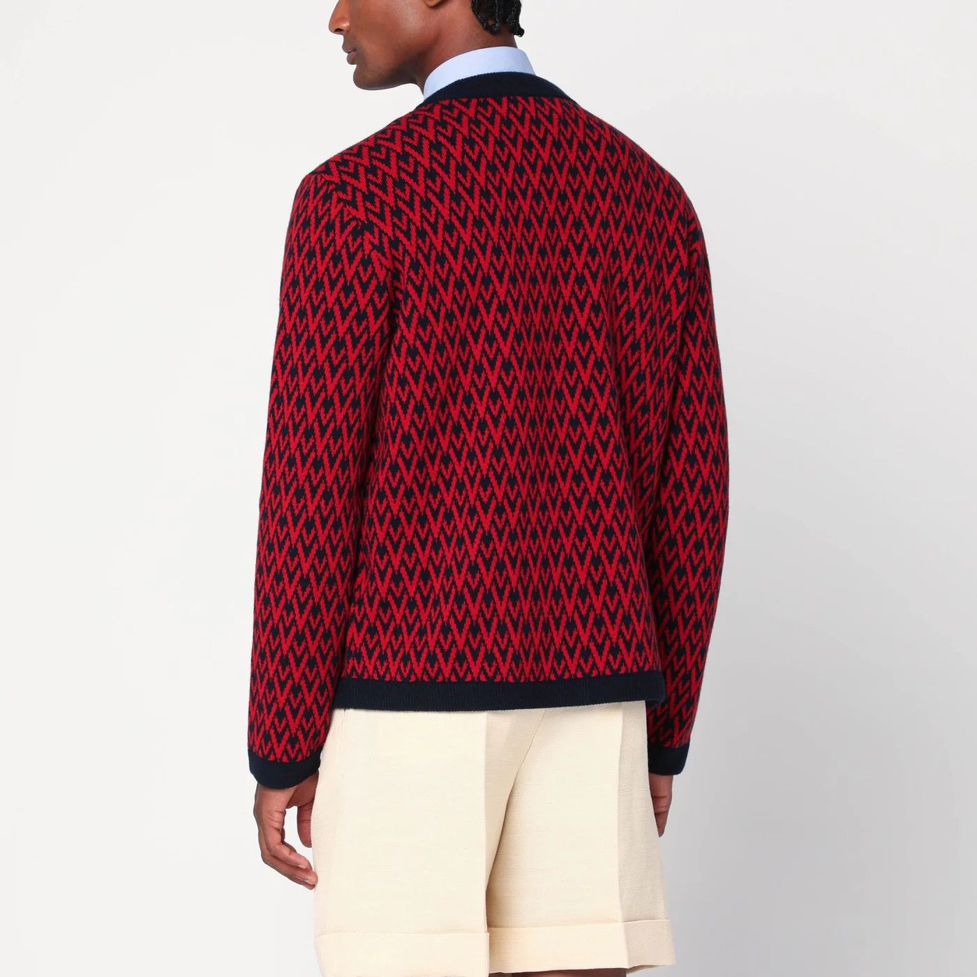Valentino o1d2blof0326 Jacquard Patterned Cardigan in Red/Navy Blue Size US M / EU 48-50 / 2 - 2 Thumbnail