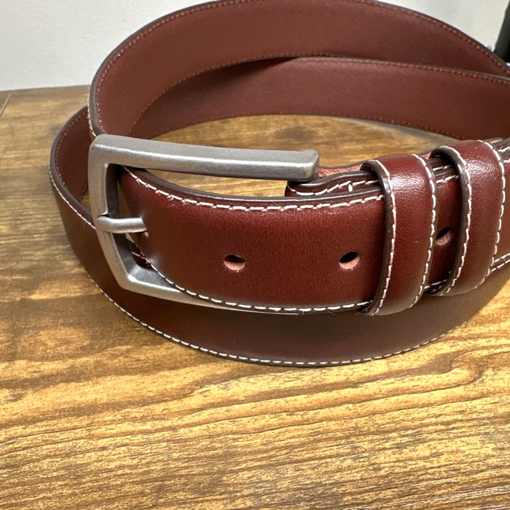 CO Collars & Co Leather Brown Belt 3XL Silver Buckle White Stitch Belt Mens Regular 49” L 1.25” W Designer Dress Golf Work NWOT Size ONE SIZE - 3 Thumbnail