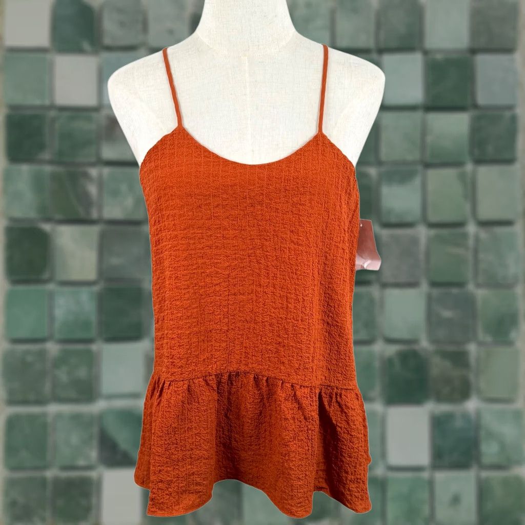 Rusty Maisie XS Cami Top Rust Orange Peplum Ruffle Crinkled Boho Summer Camisole Women XS Orange Casual Party Cocktail Travel Size XS / US 0-2 / IT 36-38 - 1 Thumbnail