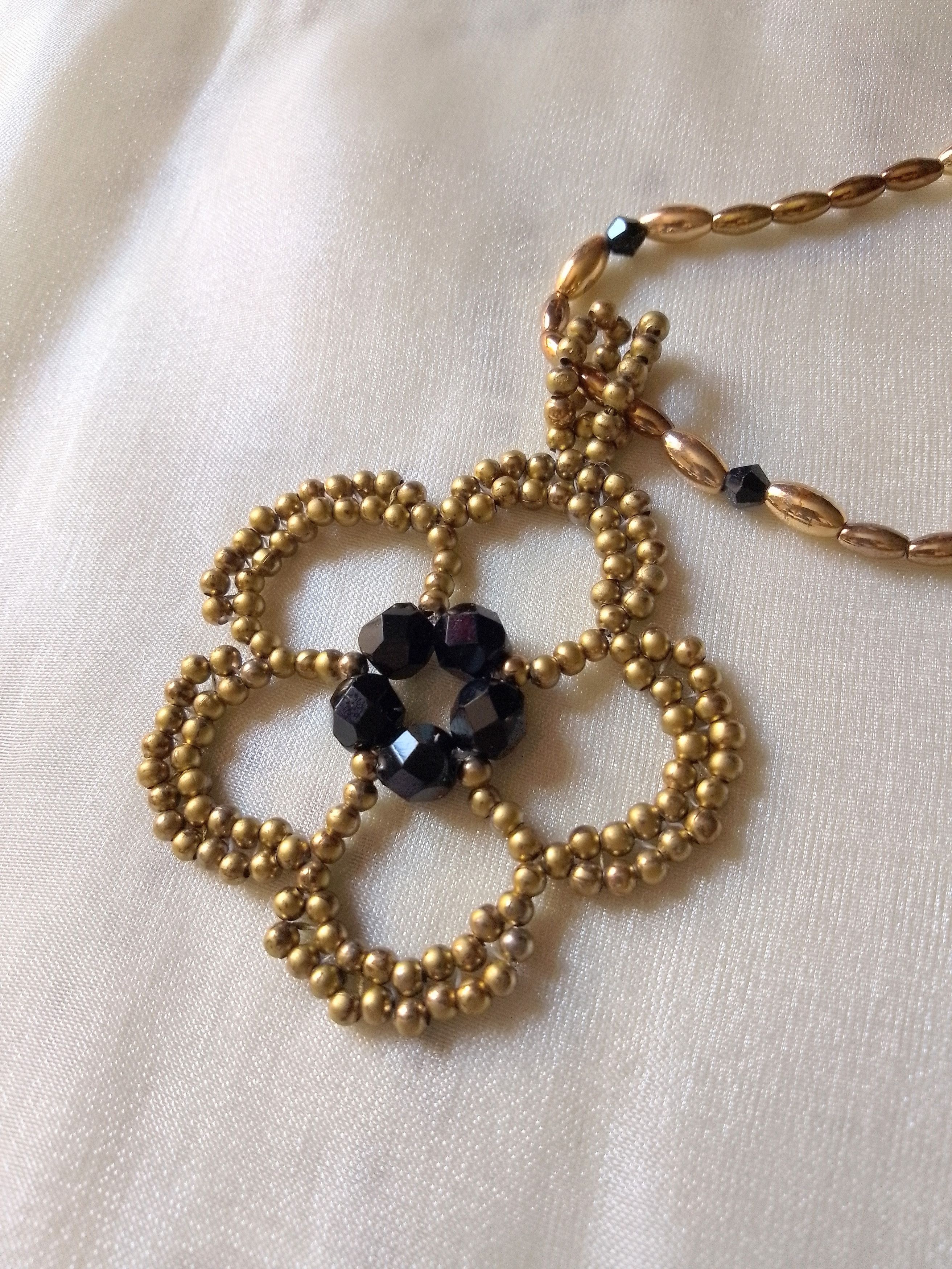 Handmade Necklace Flower pendant Black gemstones Earrings with Bangs Size ONE SIZE - 10 Thumbnail