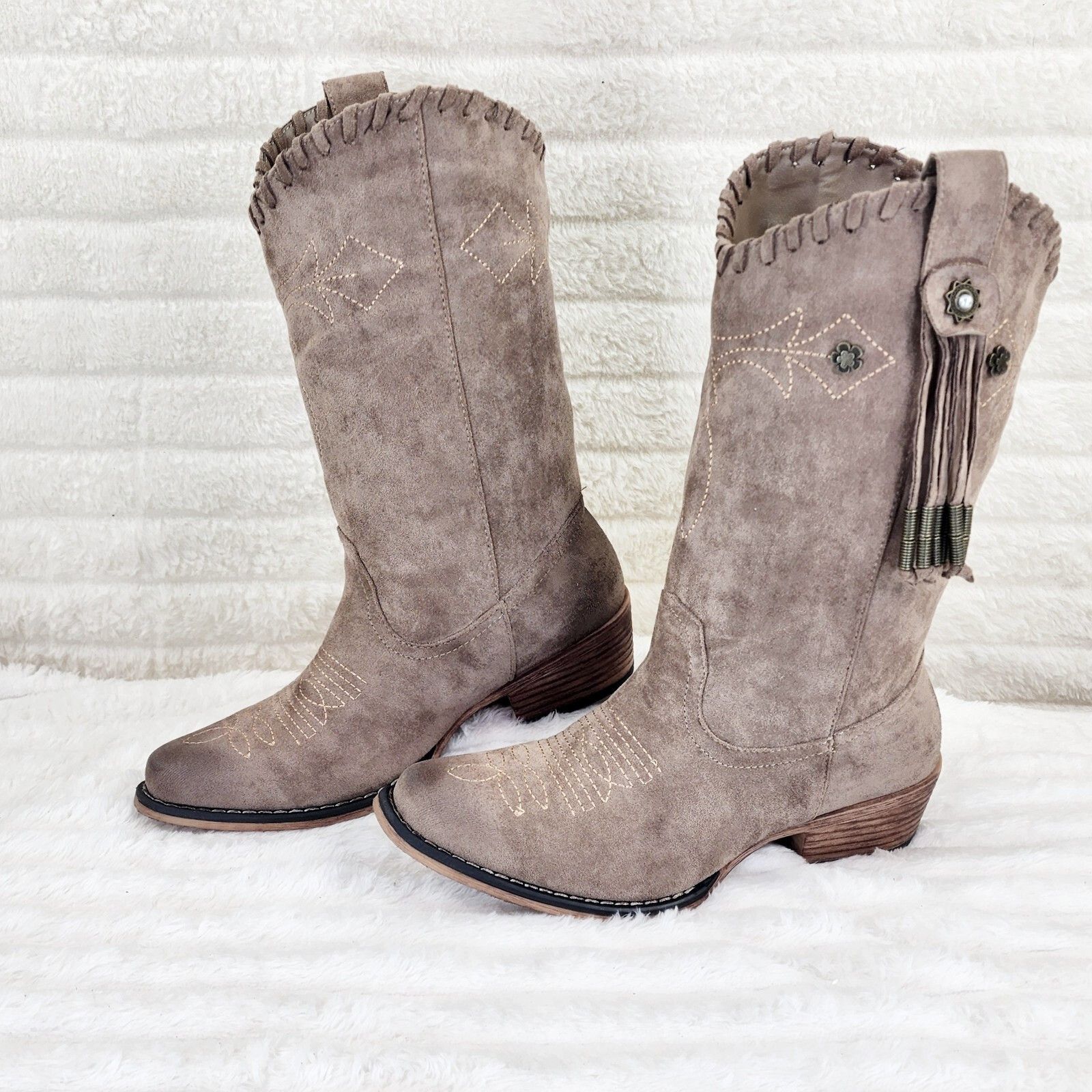 Other Prairie Girl Taupe Distressed Tassel Cowboy Cowgirl Pull On Size US 9 / IT 39 - 6 Thumbnail