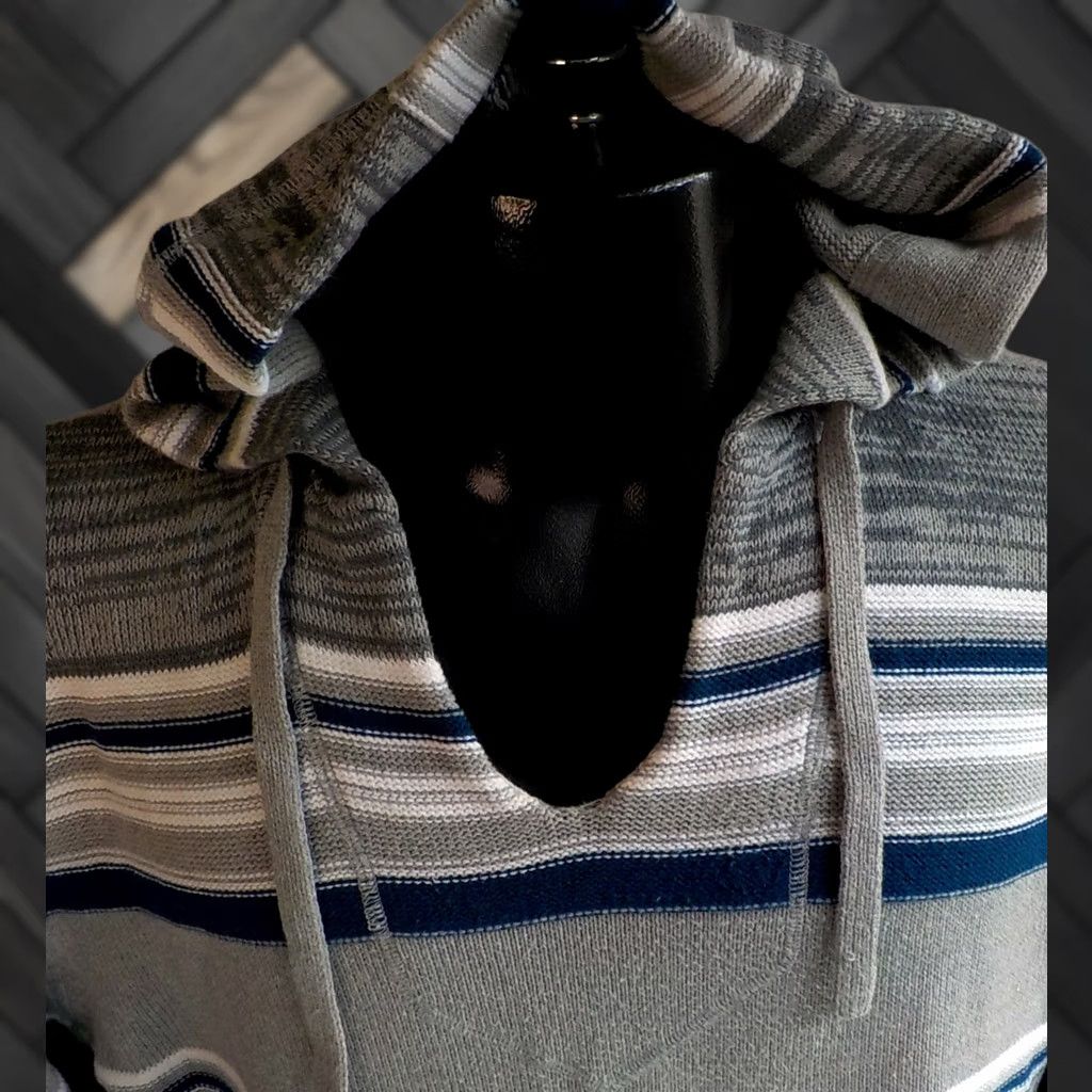 KangaROOS VINTAGE Retrofit Hooded Striped Pullover Sweater Kangaroo Pocket LARGE Gray/Blue Mens Pullover Knit Cotton Blend 60% Cotton 40% Acrylic Size US L / EU 52-54 / 3 - 1 Thumbnail