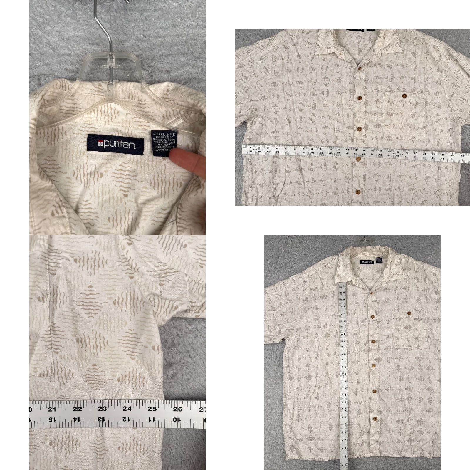 Vintage Puritan Shirt Men XL White Gray Hawaiian Waves 100% Rayon Pocket Mens Size US XL / EU 56 / 4 - 8 Thumbnail