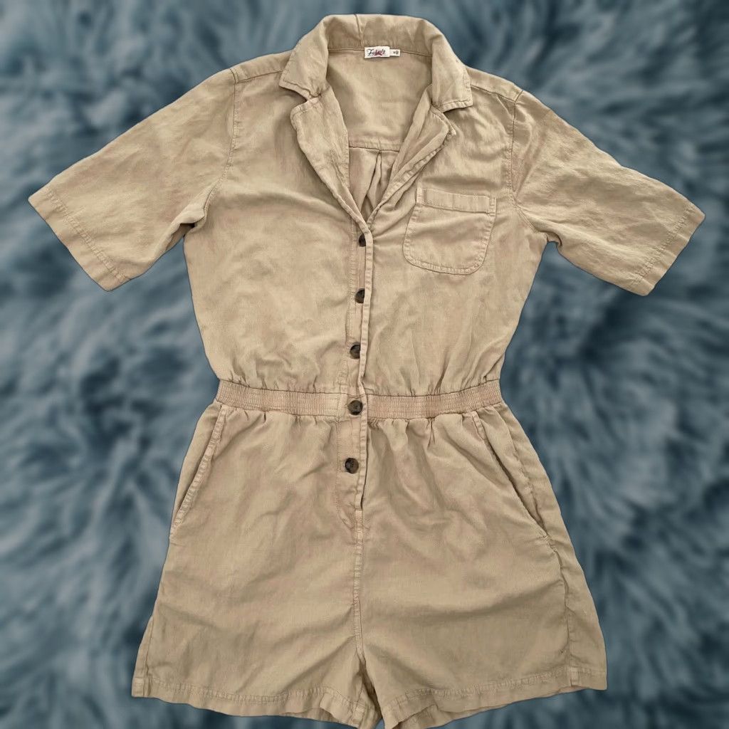 Faherty VINTAGE Faherty Romper Womens M Tan Brown Linen Blend Short Sleeve Button Pockets Bohemian Summer Size 32" / US 10 / IT 46 - 1 Thumbnail