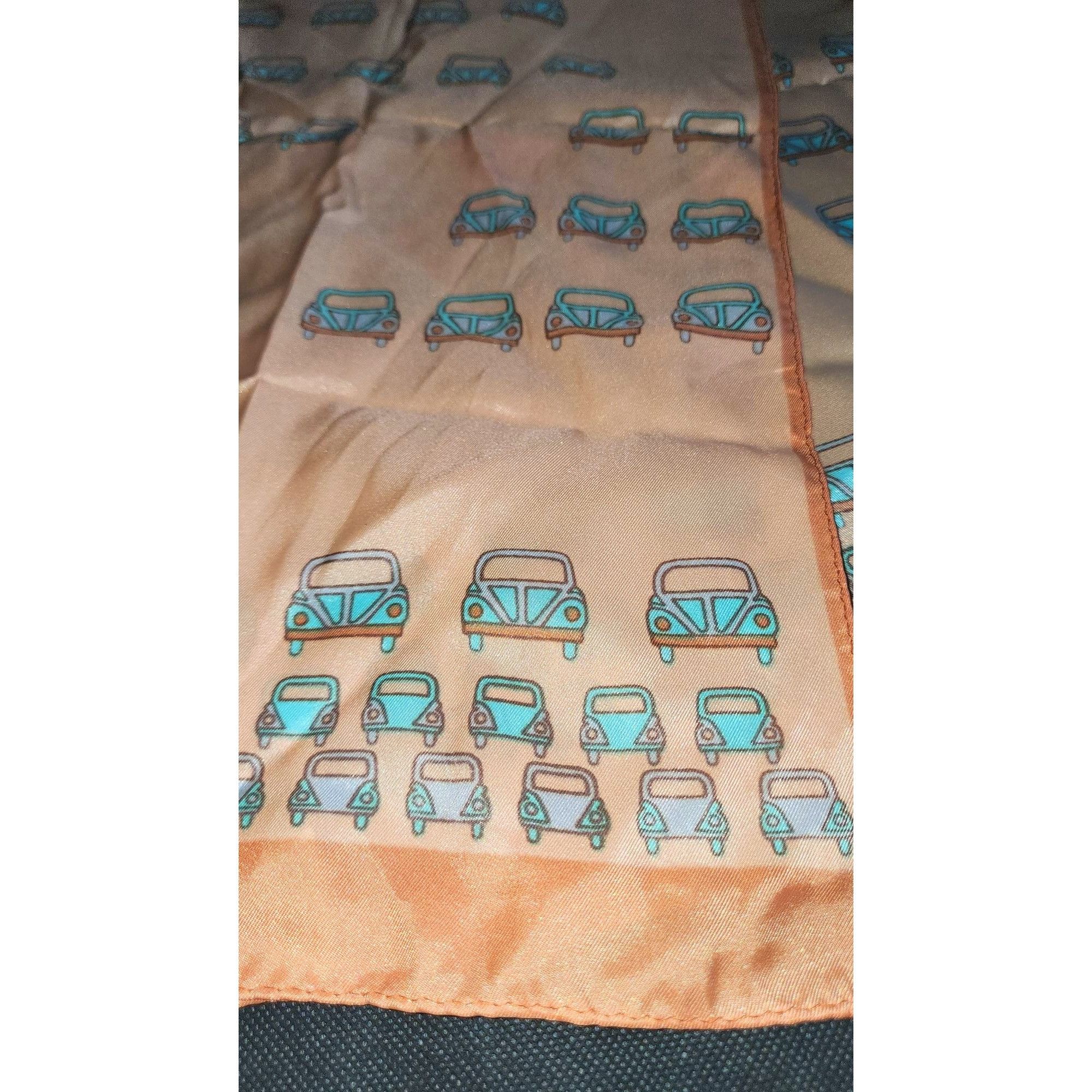 Vintage Vintage Beige Silk Scarf With Retro Car VW Bug Pattern Size ONE SIZE - 3 Thumbnail