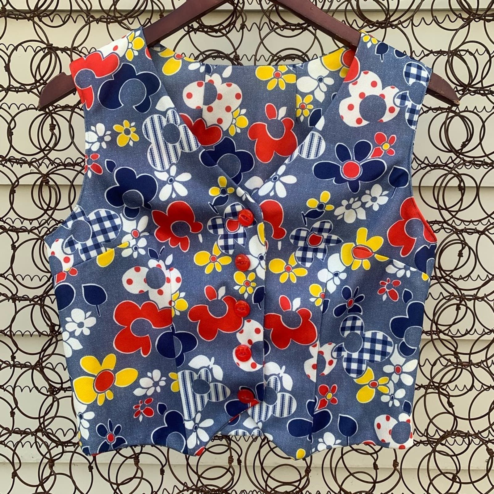 image of Vintage Hippie Flower Power Vest in Blue, Women's (Size Small)