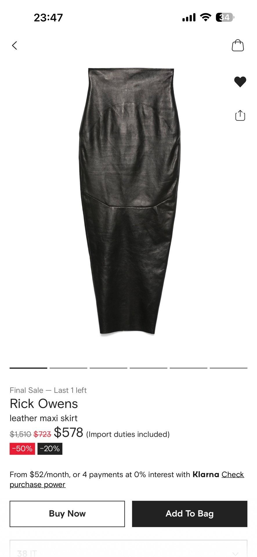 Rick Owens Black Leather Maxi Skirt, Women's (Size 38)