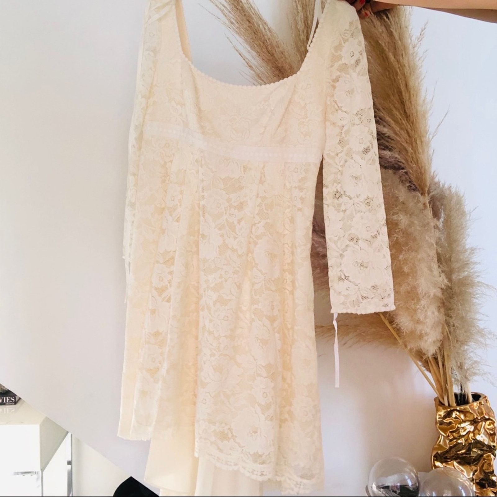 NEW FREE PEOPLE White Sheer Long Sleeve Lace Mini Dress 4 - reseaults.com