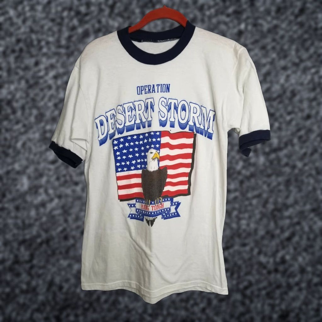 Vintage VINTAGE Desert Storm T Shirt Mens M Ringer White 80s Storm Eagle Flag Graphic Tee Mens Size US M / EU 48-50 / 2 - 1 Thumbnail