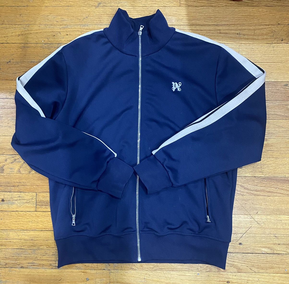 image of Palm Angels Logo Embroidered Zip-Up Jacket in Navy, Men's (Size 2XL)