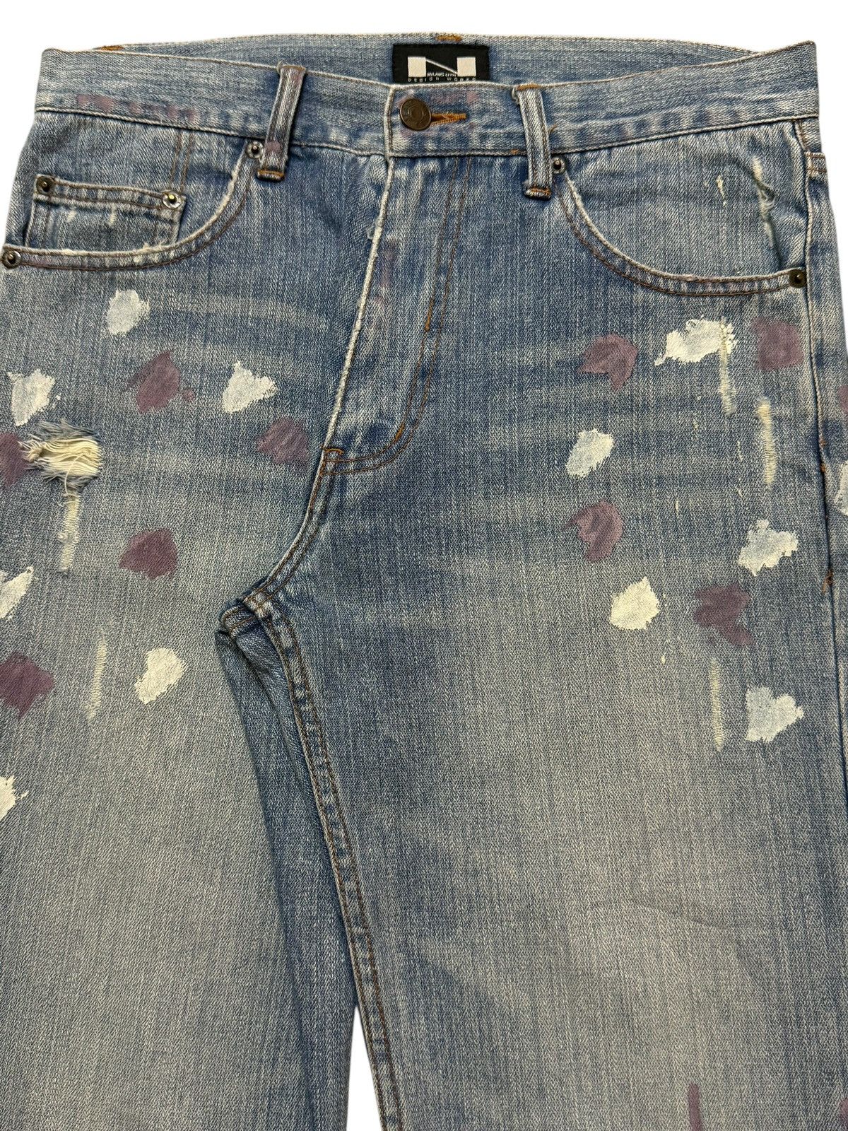 14th Addiction Vintage 90s Japanese Nylaus Blue Faded Wash Painted Wide Leg Size US 31 - 3 Thumbnail