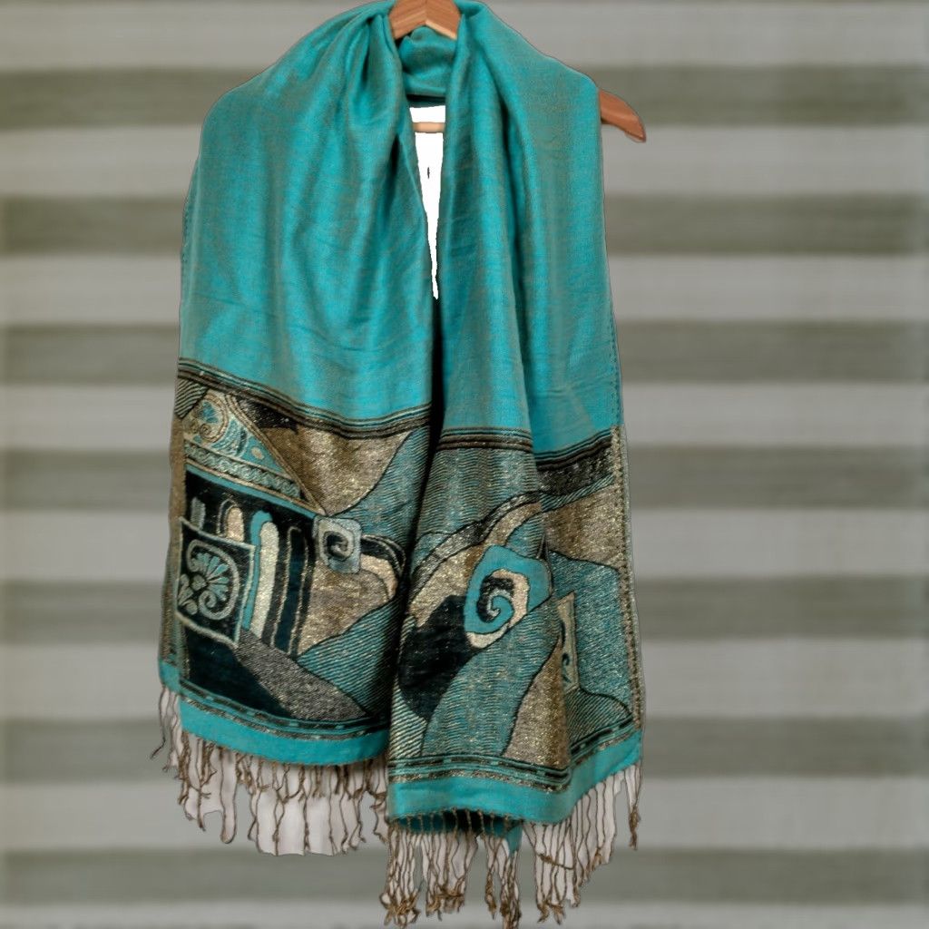 Vintage **Artsy Turquoise Blue Cashmere Scarf Woven Metallic Design Fringe** User: Artisan Turquoise Blue Cashmere Scarf Woven Metallic Design Fringe Size ONE SIZE - 1 Thumbnail